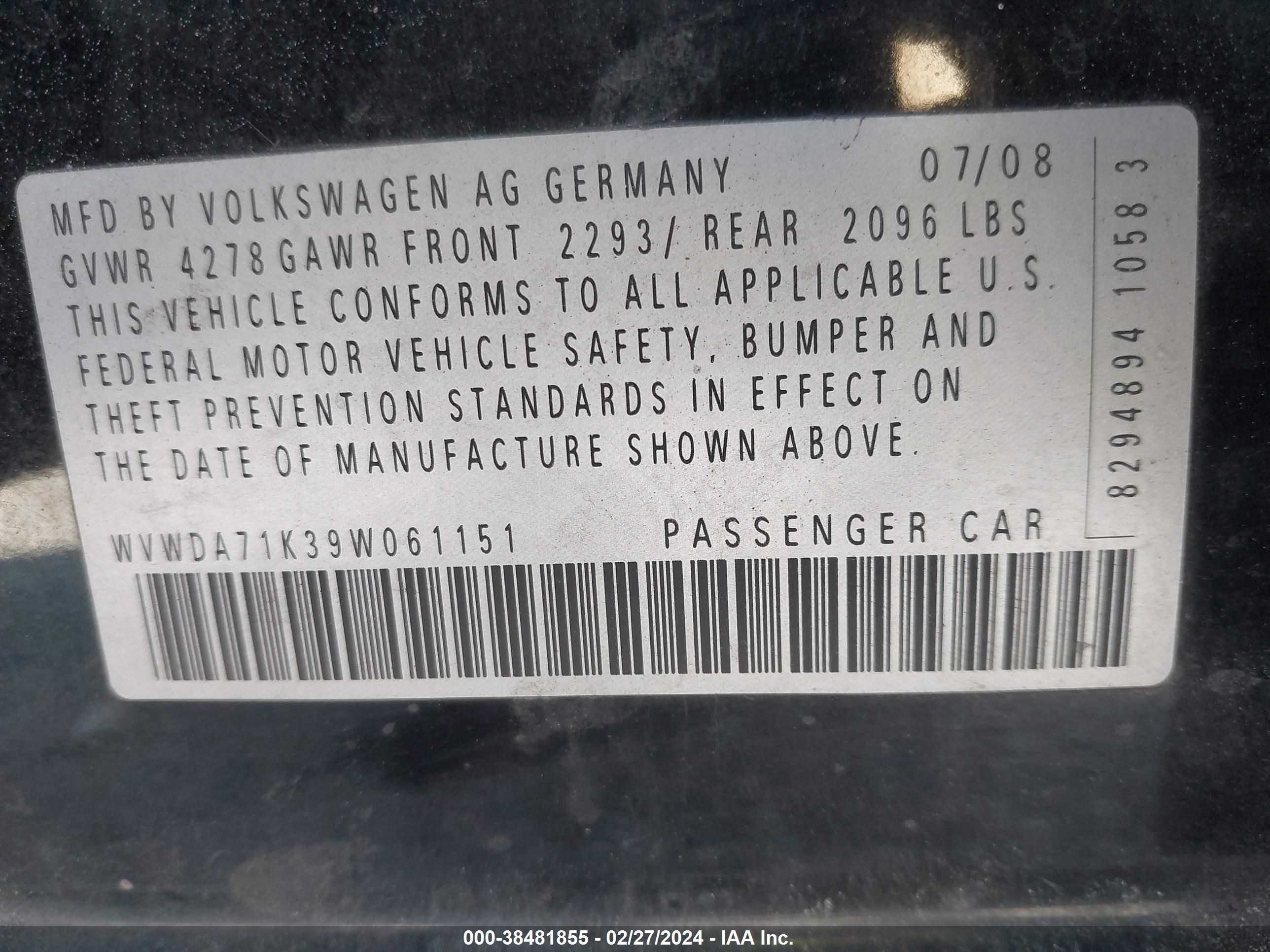 Photo 8 VIN: WVWDA71K39W061151 - VOLKSWAGEN GOLF 