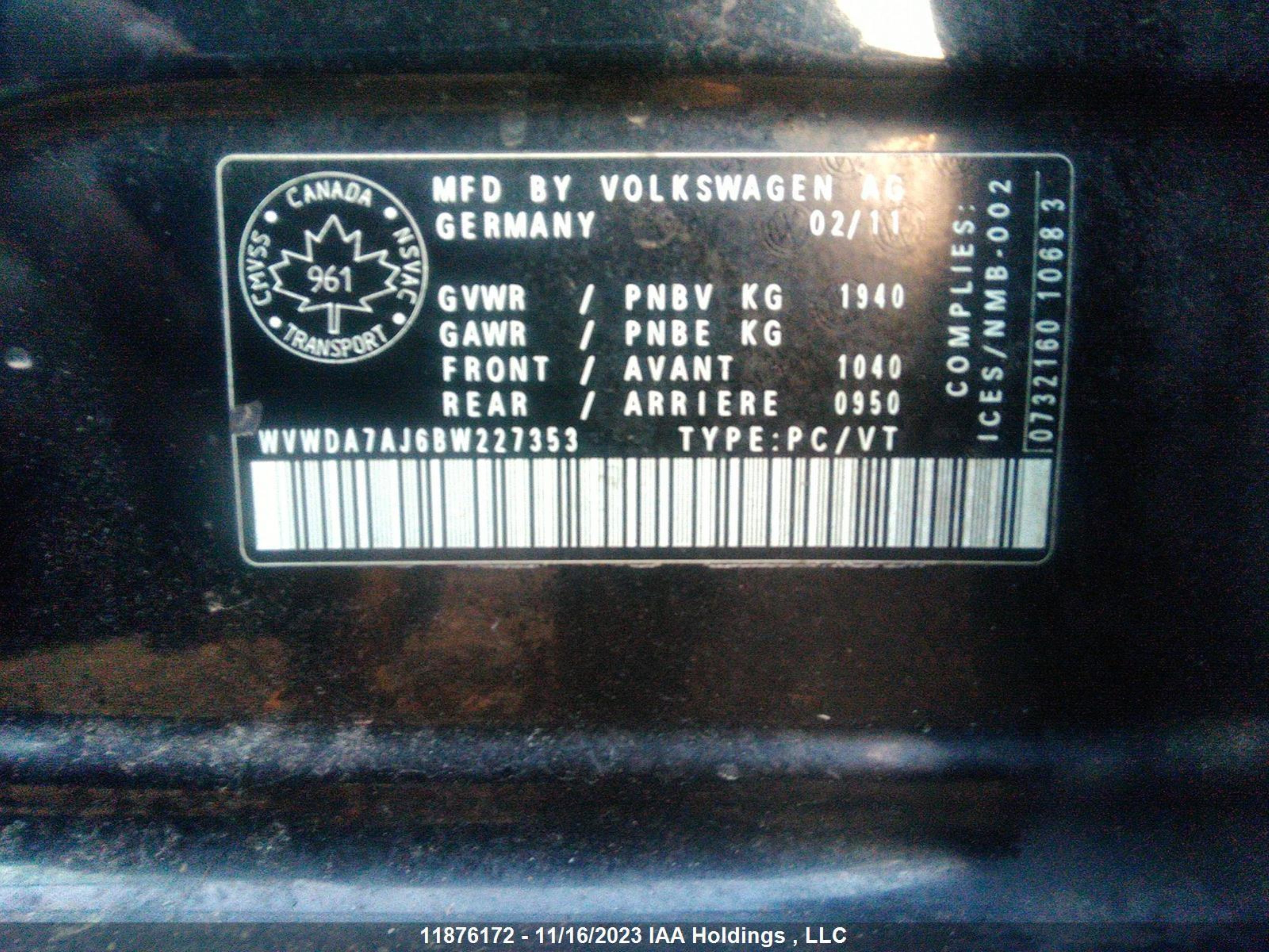 Photo 8 VIN: WVWDA7AJ6BW227353 - VOLKSWAGEN GOLF 