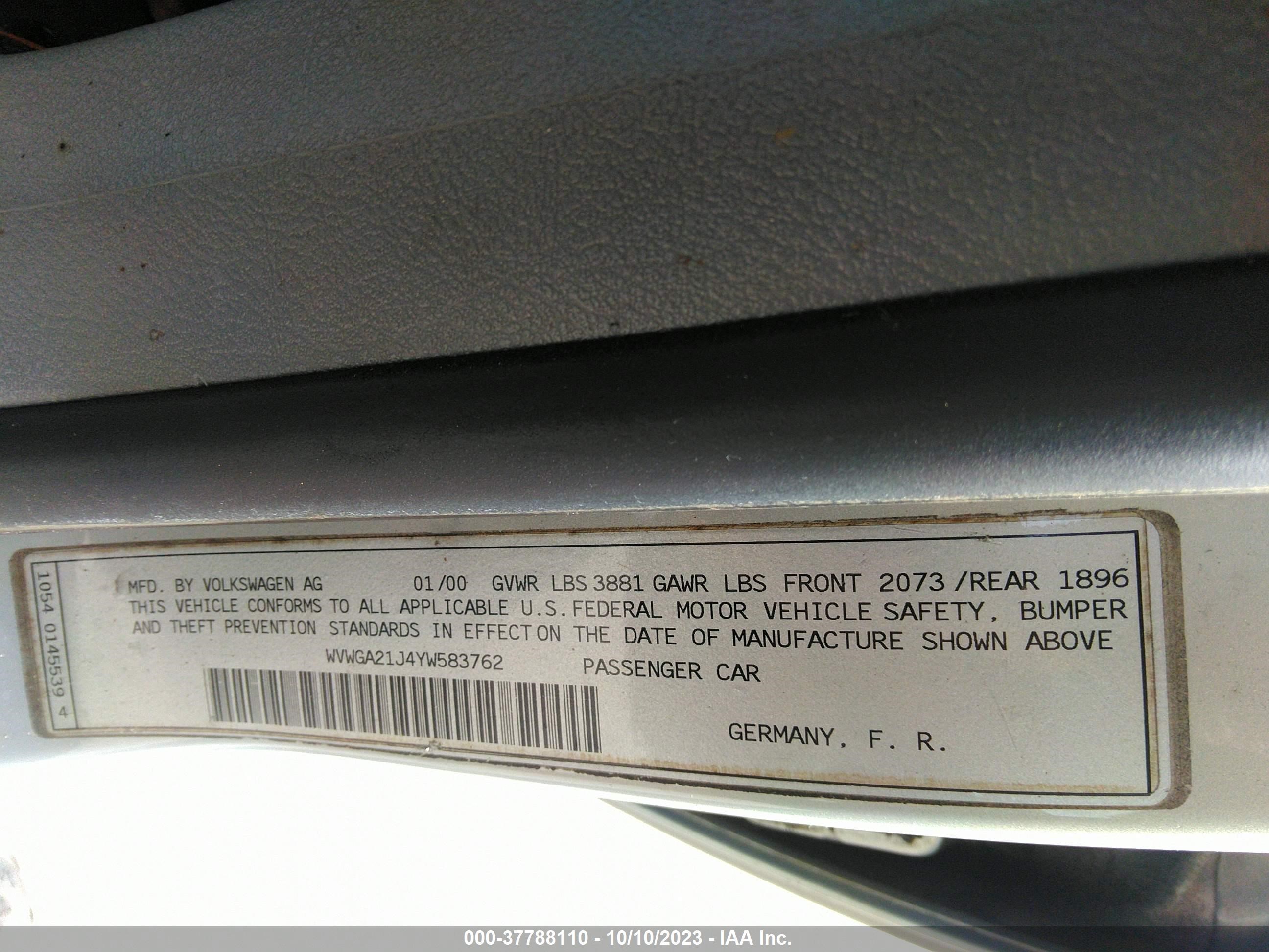 Photo 8 VIN: WVWGA21J4YW583762 - VOLKSWAGEN GOLF 