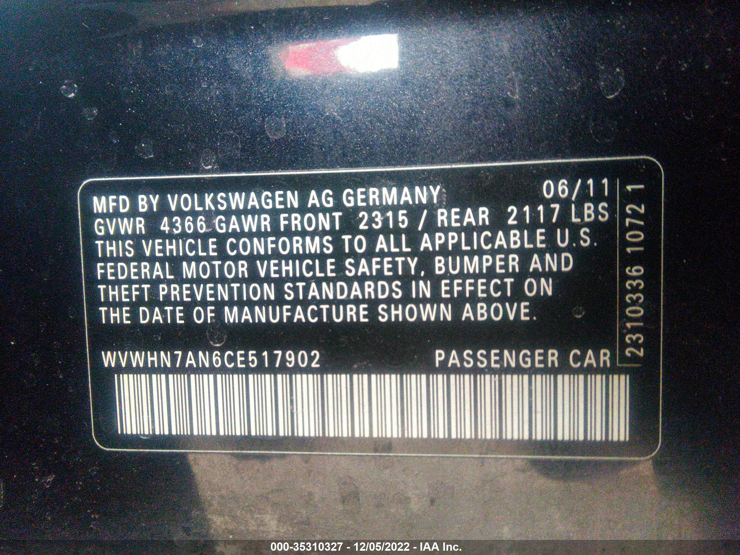 Photo 9 VIN: WVWHN7AN6CE517902 - VOLKSWAGEN PASSAT 