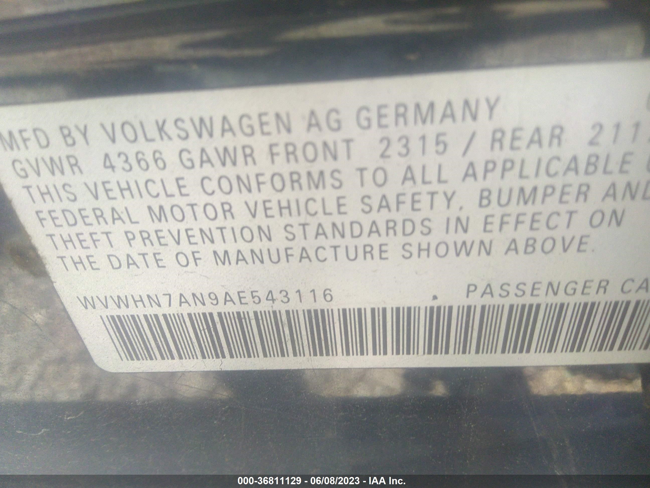 Photo 8 VIN: WVWHN7AN9AE543116 - VOLKSWAGEN PASSAT 