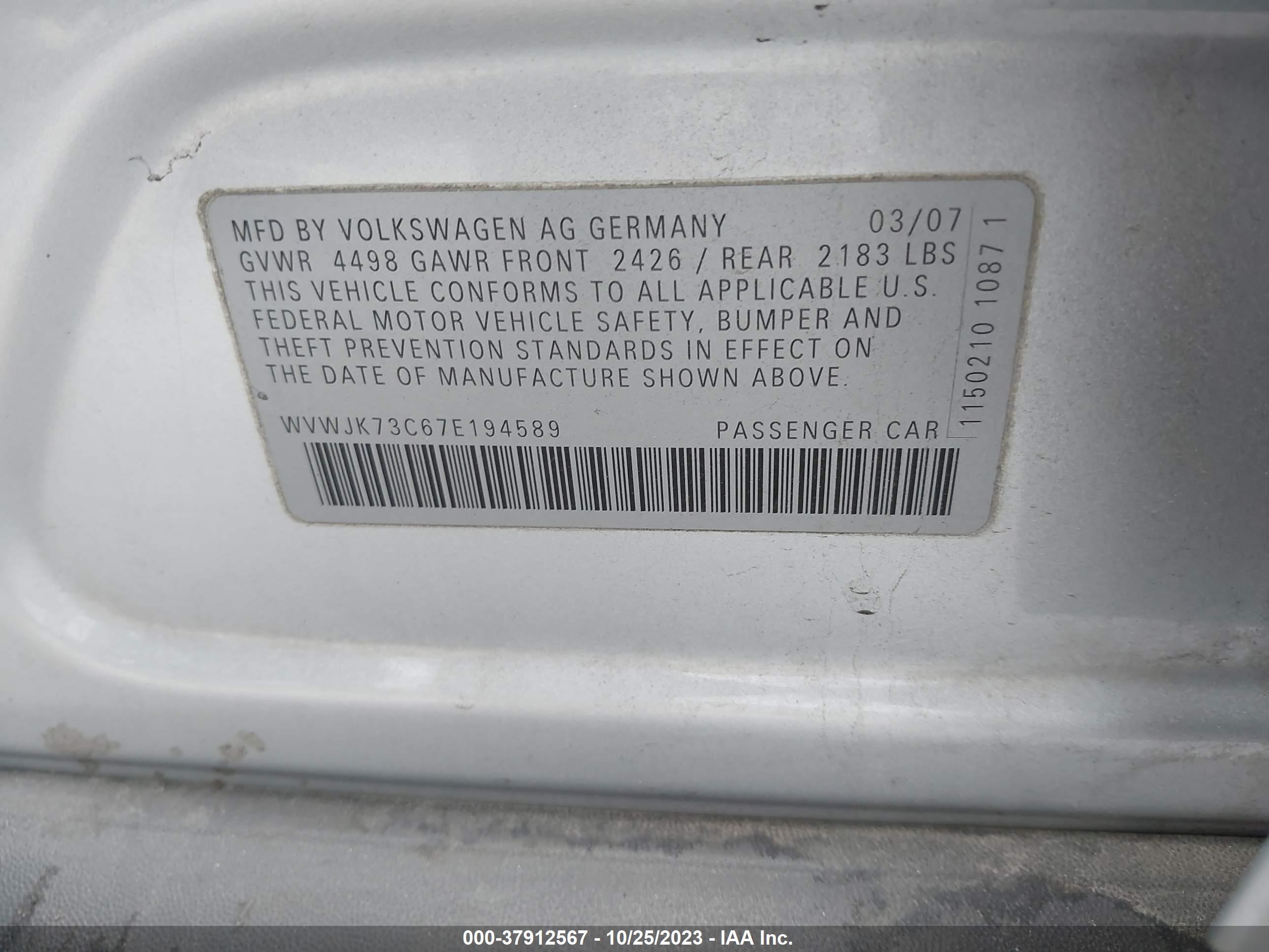 Photo 8 VIN: WVWJK73C67E194589 - VOLKSWAGEN PASSAT 