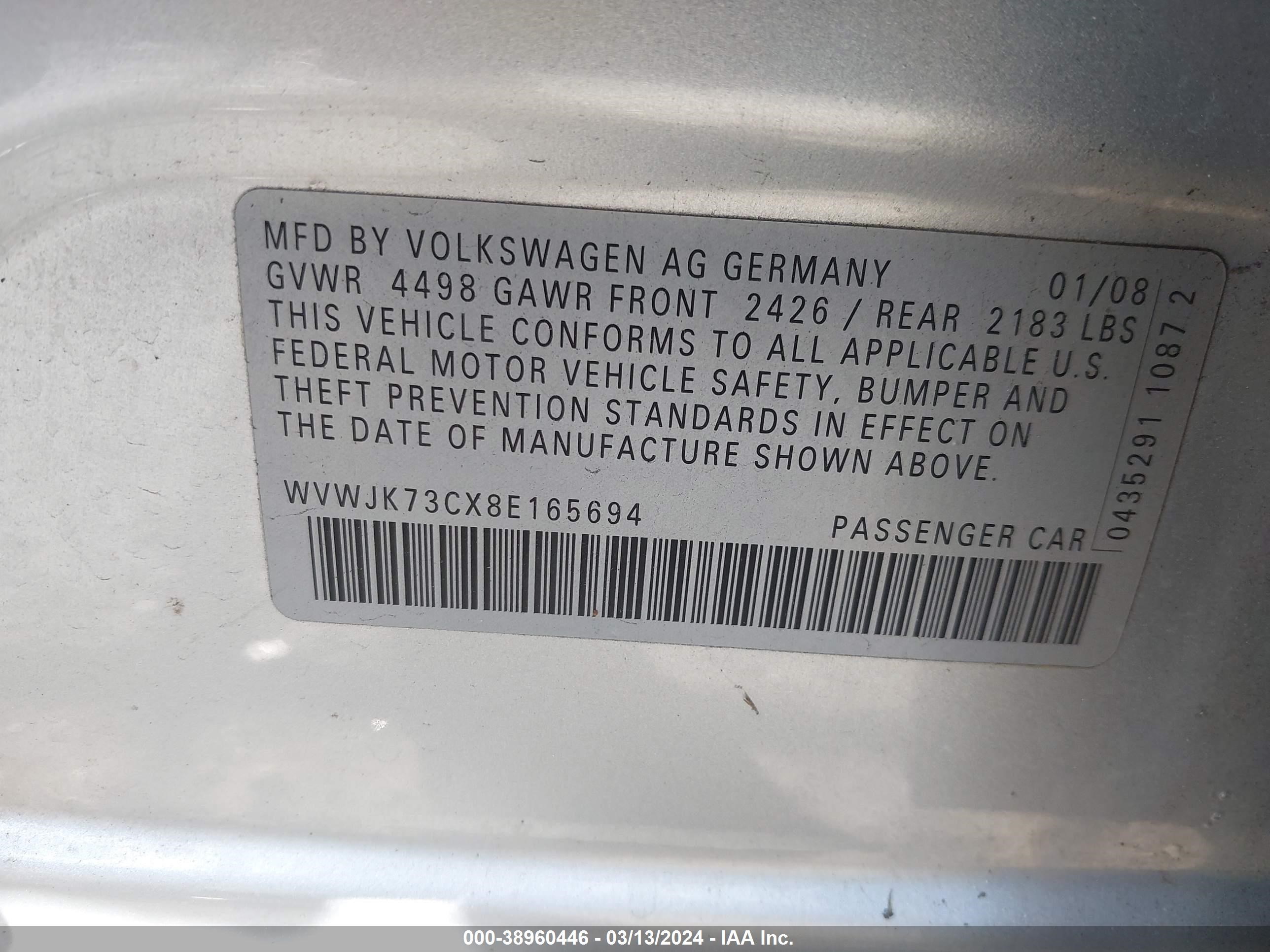 Photo 8 VIN: WVWJK73CX8E165694 - VOLKSWAGEN PASSAT 