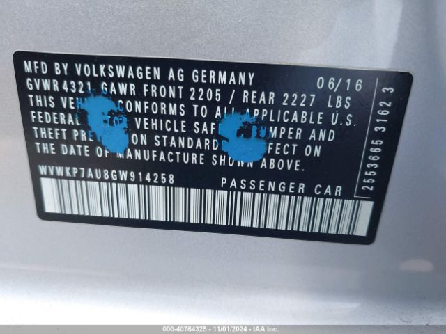 Photo 8 VIN: WVWKP7AU8GW914258 - VOLKSWAGEN E-GOLF 