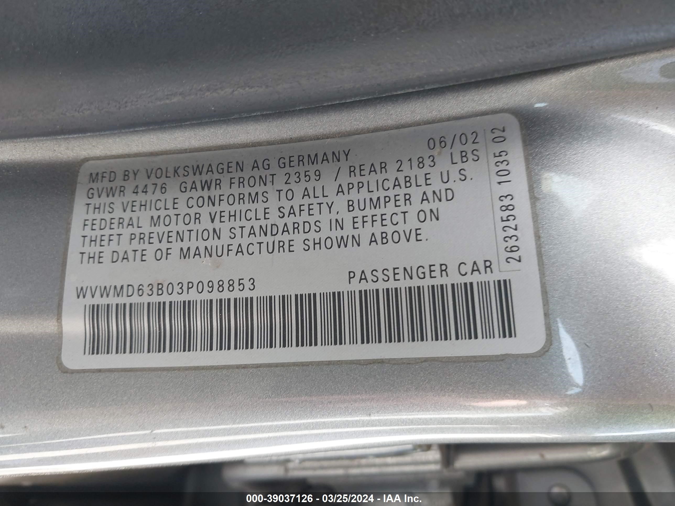 Photo 8 VIN: WVWMD63B03P098853 - VOLKSWAGEN PASSAT 