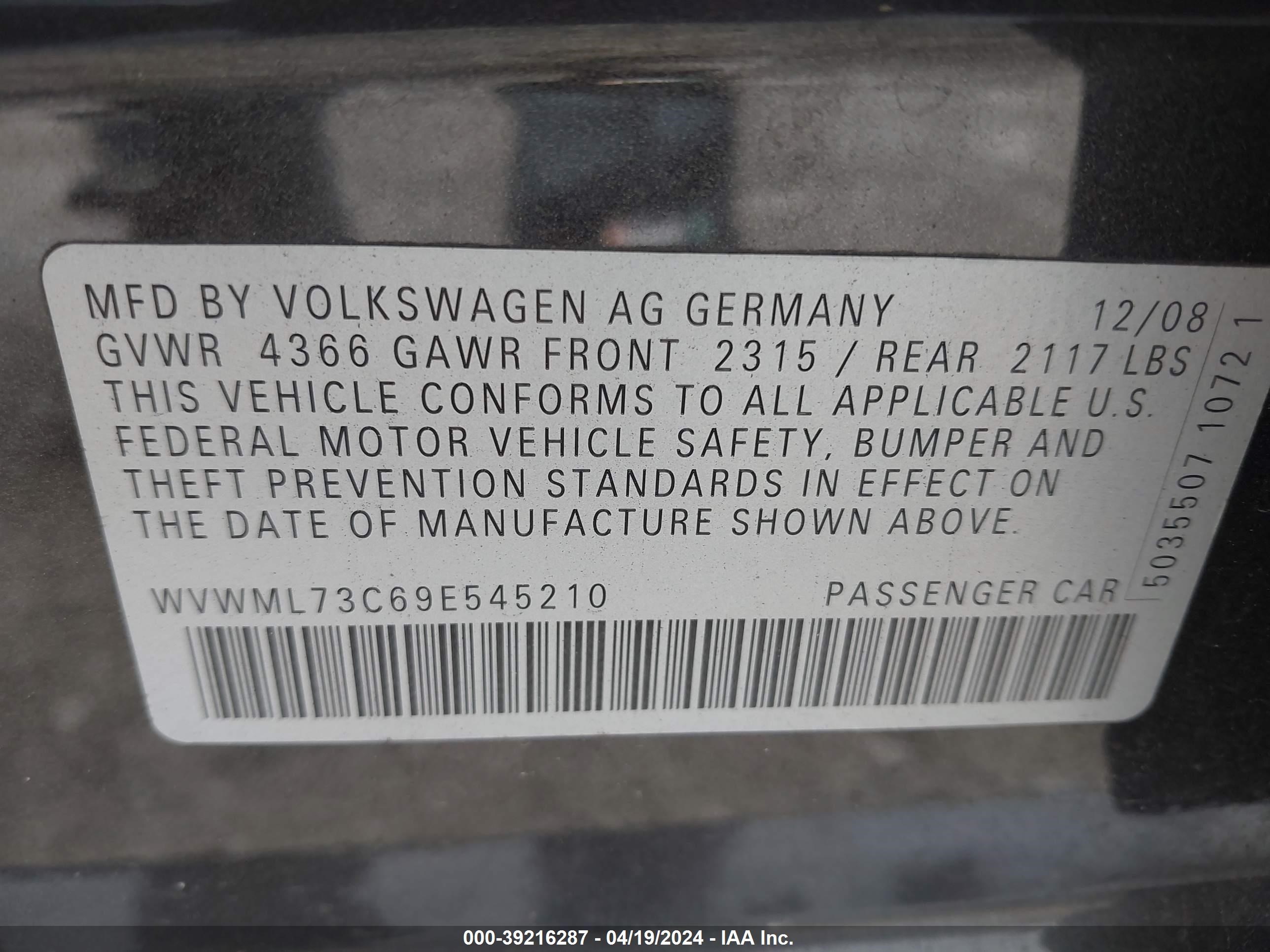 Photo 8 VIN: WVWML73C69E545210 - VOLKSWAGEN PASSAT 