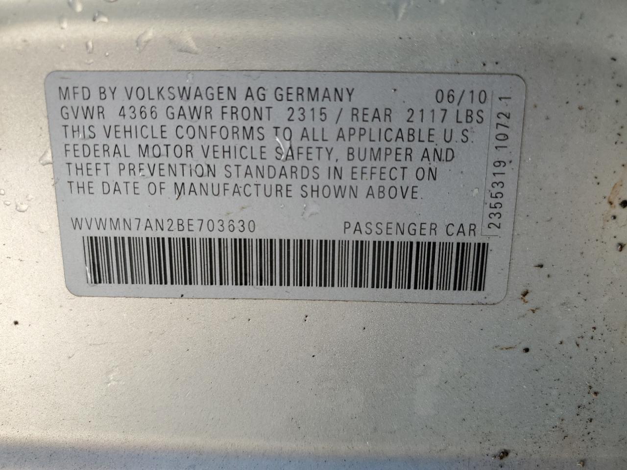 Photo 12 VIN: WVWMN7AN2BE703630 - VOLKSWAGEN PASSAT CC 