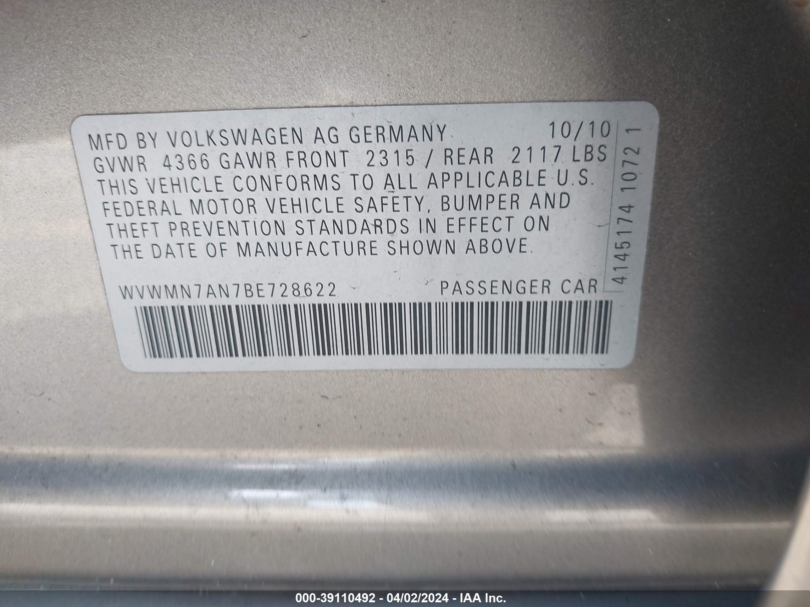 Photo 8 VIN: WVWMN7AN7BE728622 - VOLKSWAGEN PASSAT 