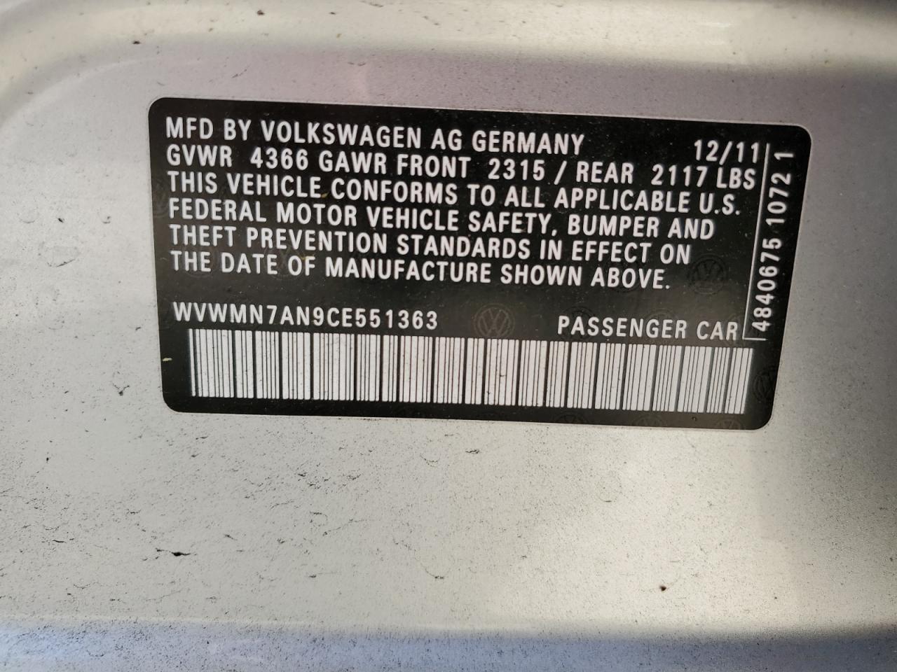 Photo 11 VIN: WVWMN7AN9CE551363 - VOLKSWAGEN PASSAT 