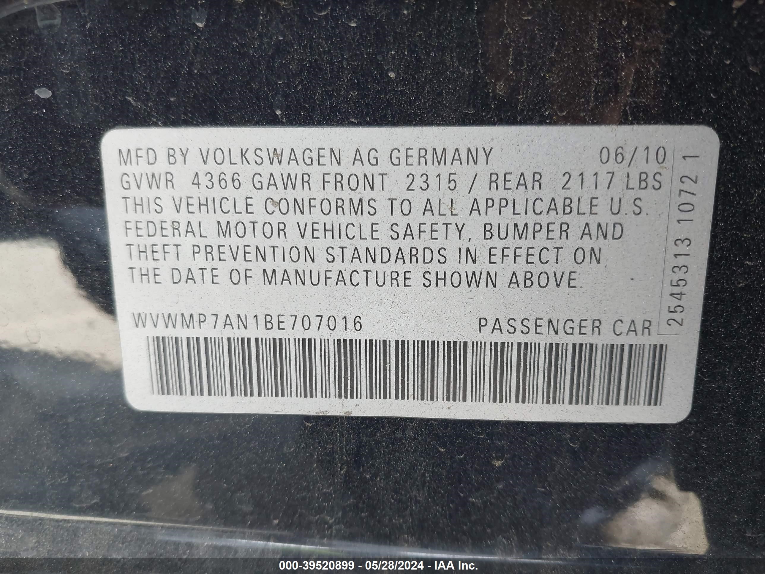 Photo 8 VIN: WVWMP7AN1BE707016 - VOLKSWAGEN PASSAT 