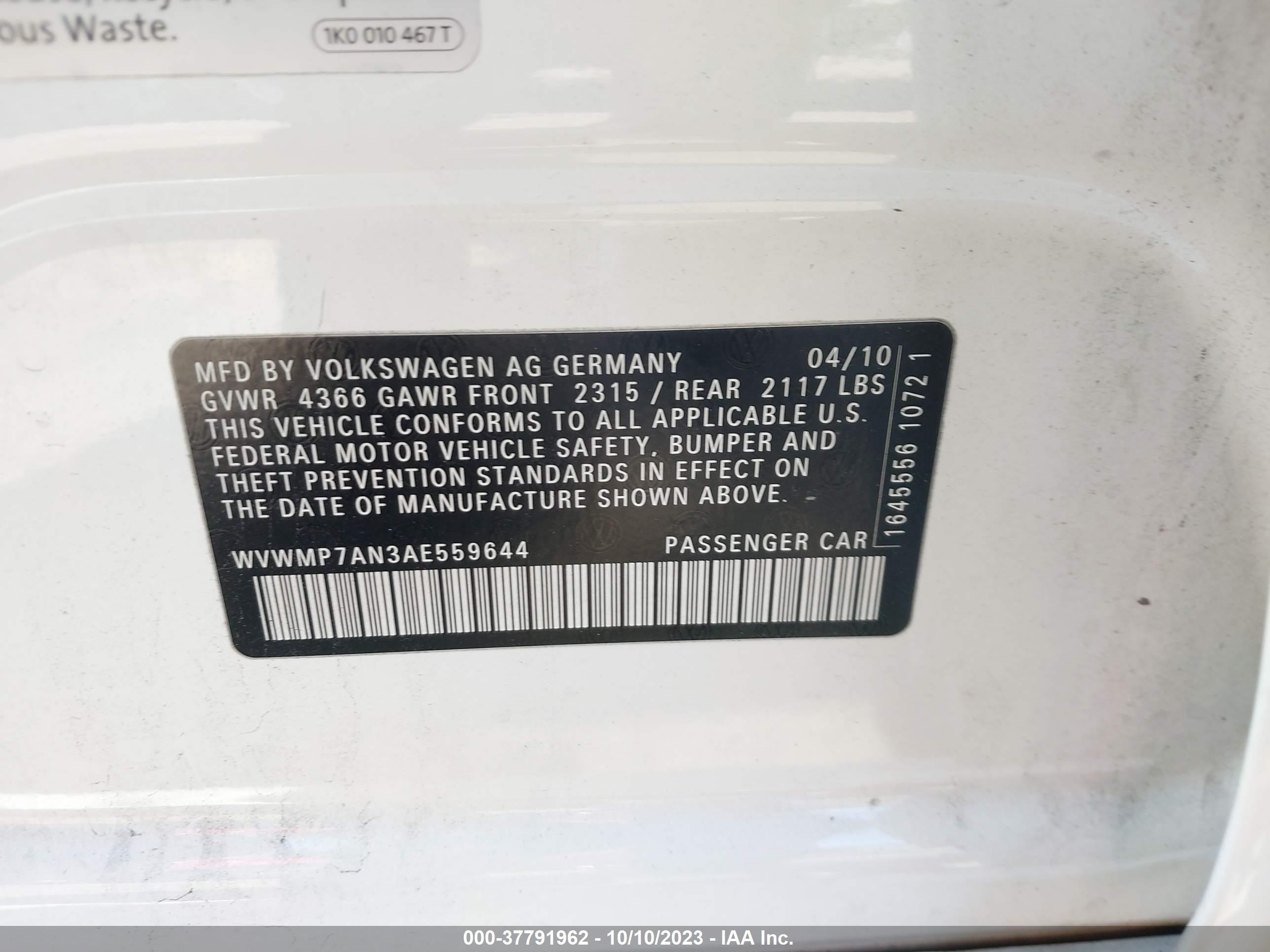 Photo 8 VIN: WVWMP7AN3AE559644 - VOLKSWAGEN PASSAT 