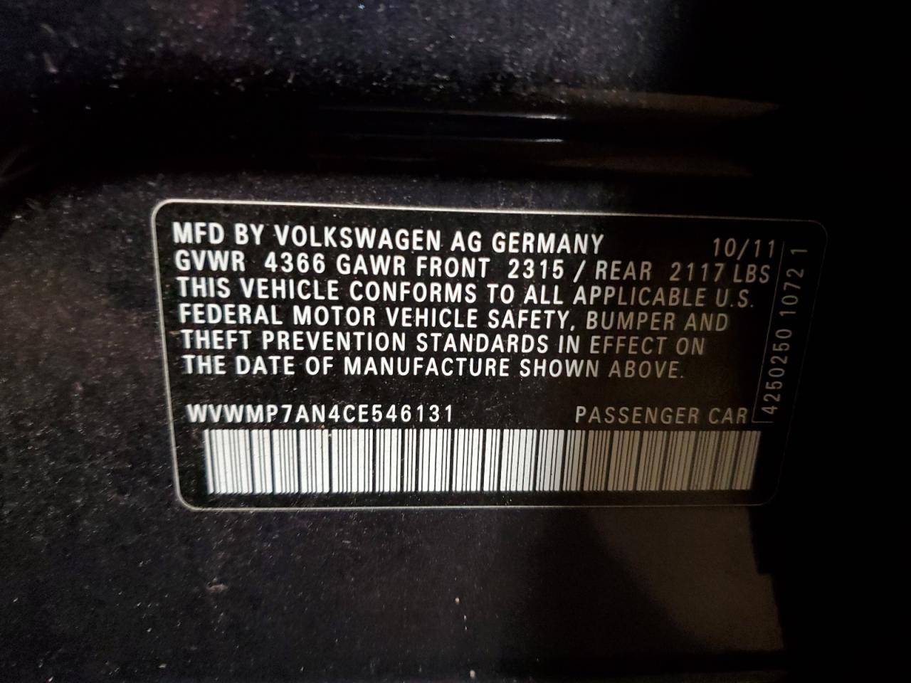 Photo 11 VIN: WVWMP7AN4CE546131 - VOLKSWAGEN PASSAT CC 