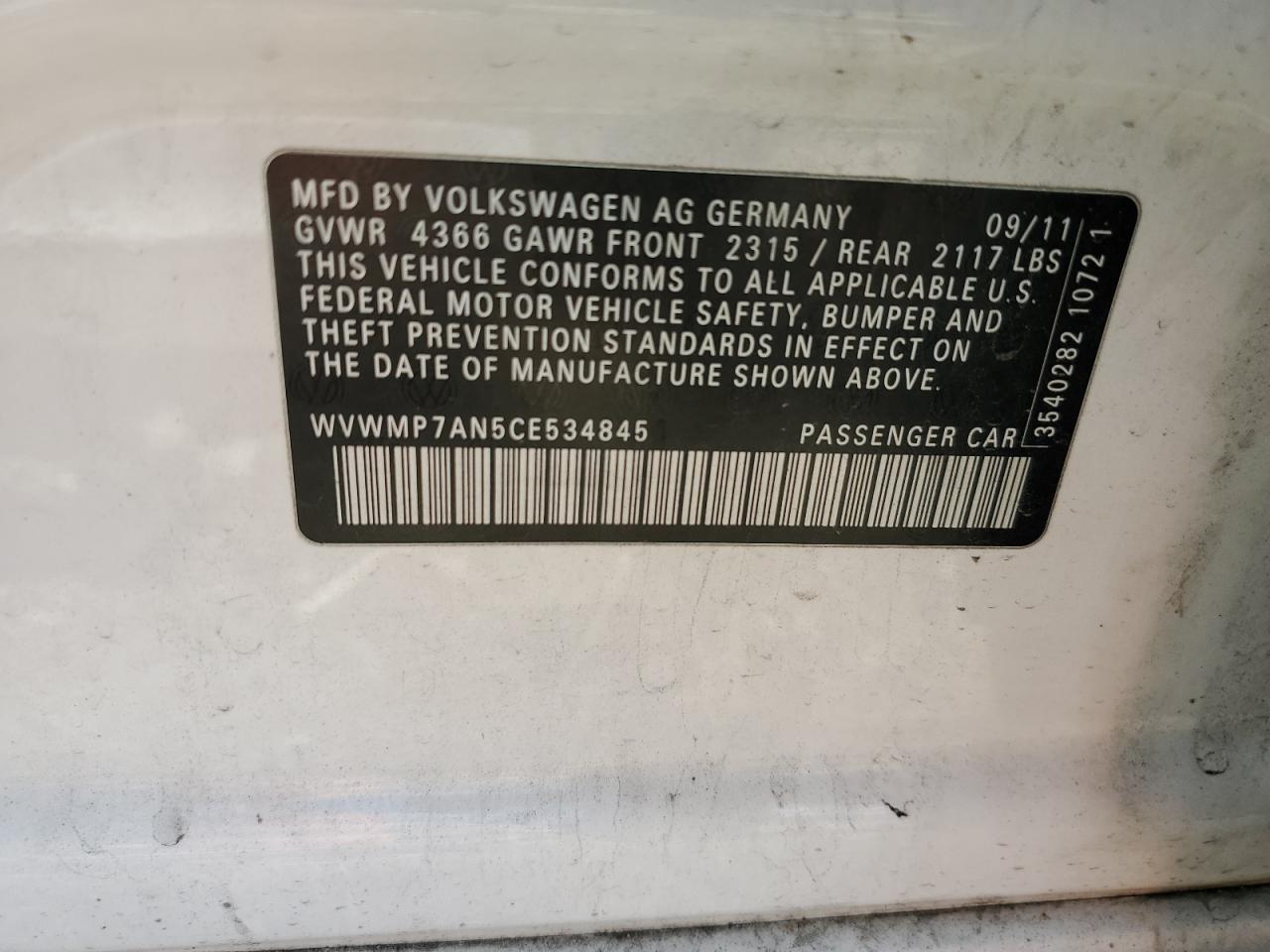 Photo 12 VIN: WVWMP7AN5CE534845 - VOLKSWAGEN PASSAT 