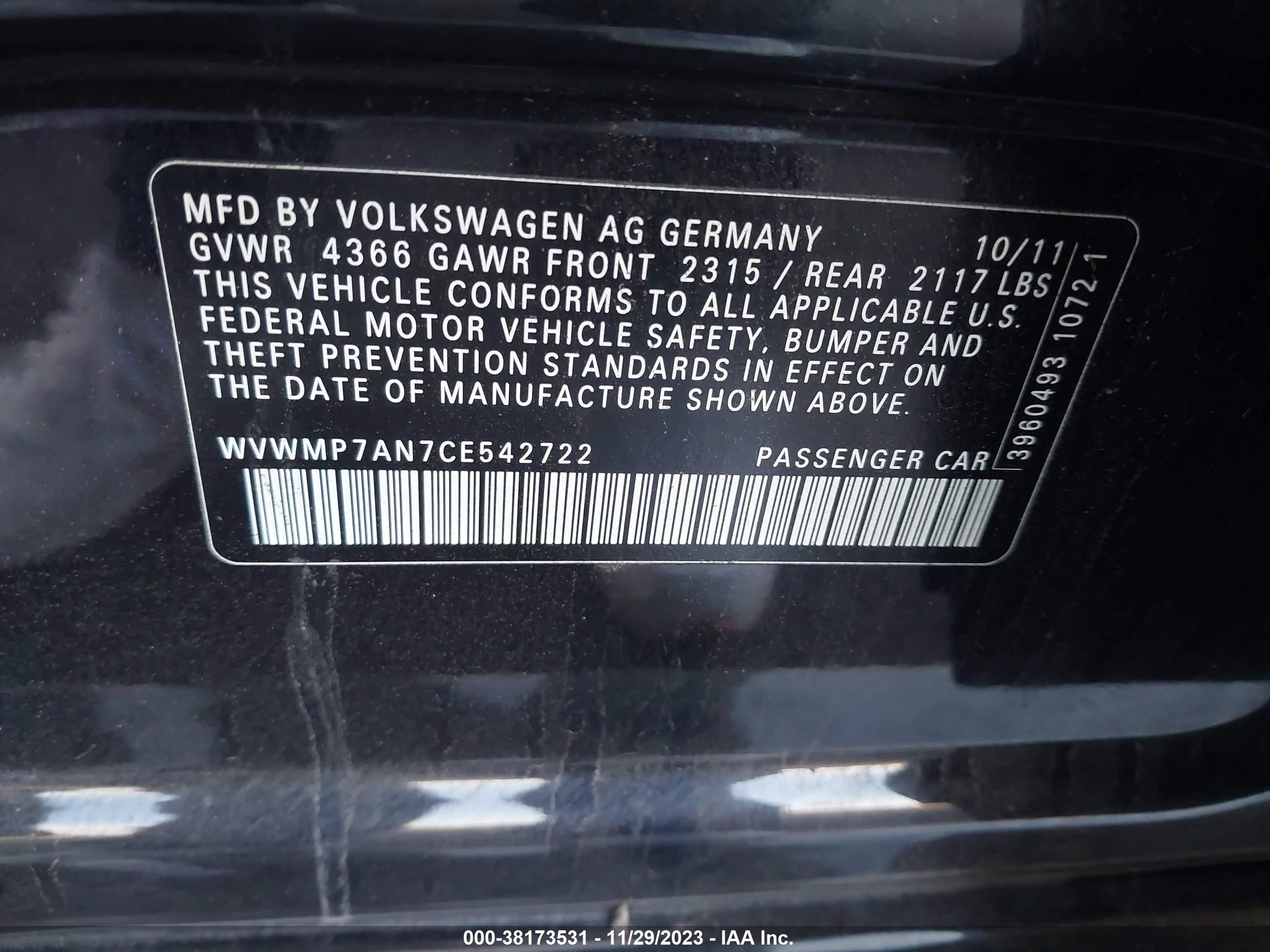 Photo 8 VIN: WVWMP7AN7CE542722 - VOLKSWAGEN PASSAT 