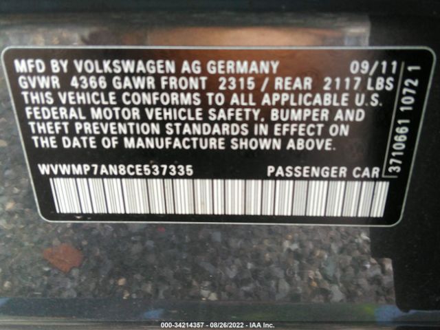 Photo 8 VIN: WVWMP7AN8CE537335 - VOLKSWAGEN CC 