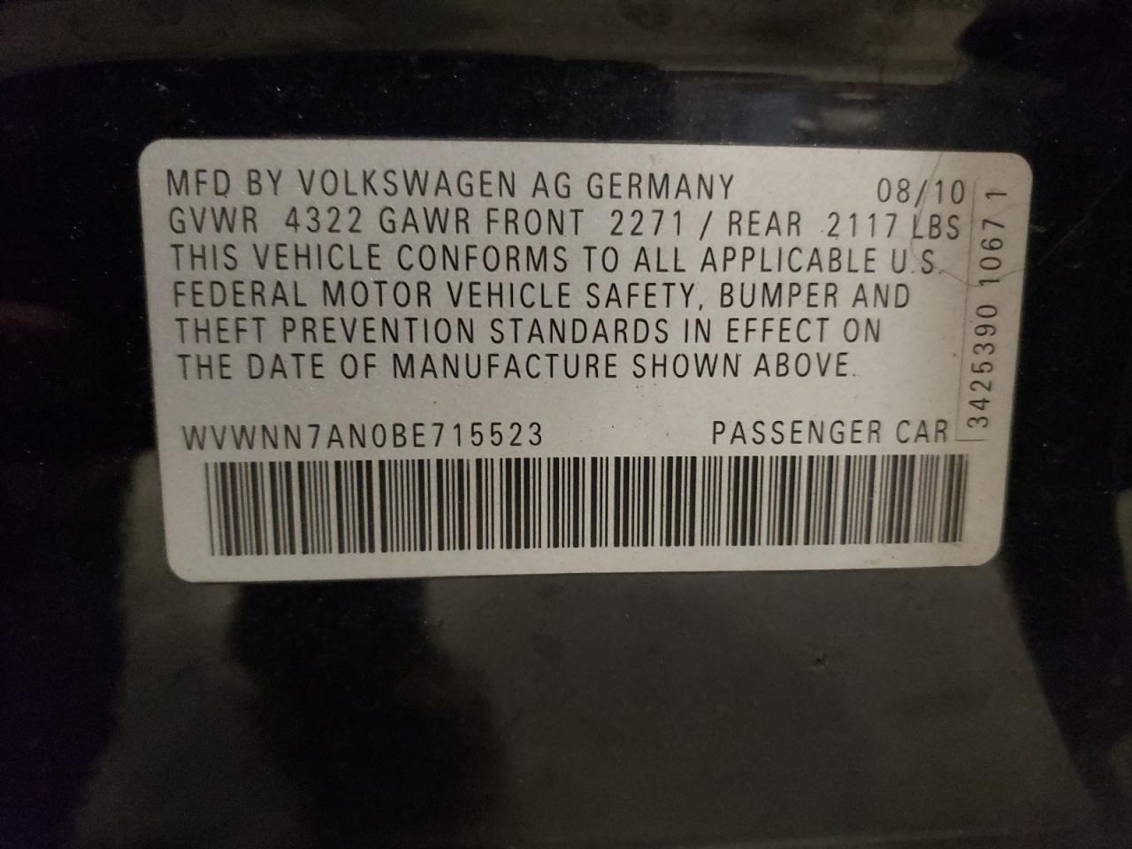 Photo 11 VIN: WVWNN7AN0BE715523 - VOLKSWAGEN PASSAT CC 