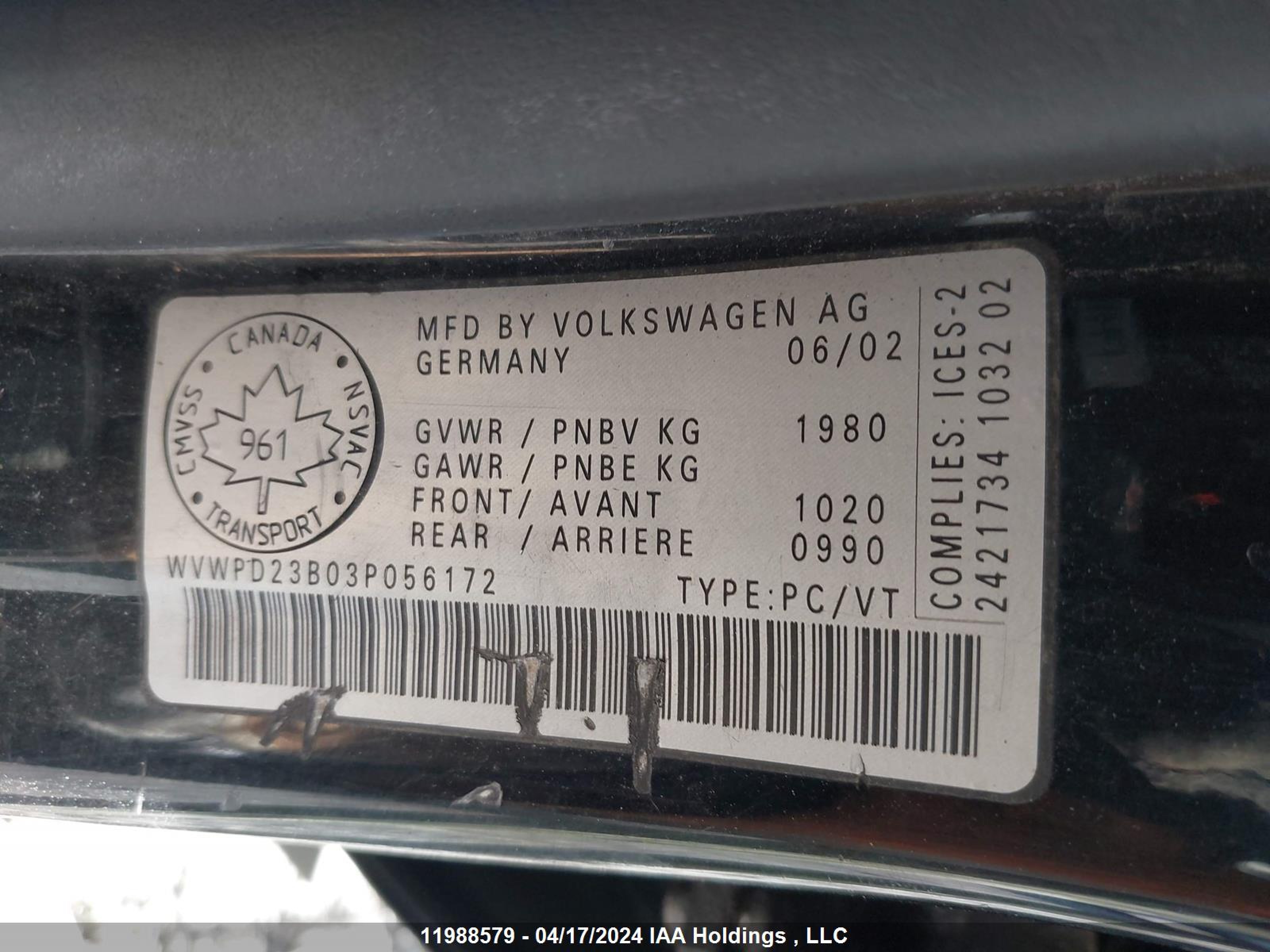 Photo 8 VIN: WVWPD23B03P056172 - VOLKSWAGEN PASSAT 