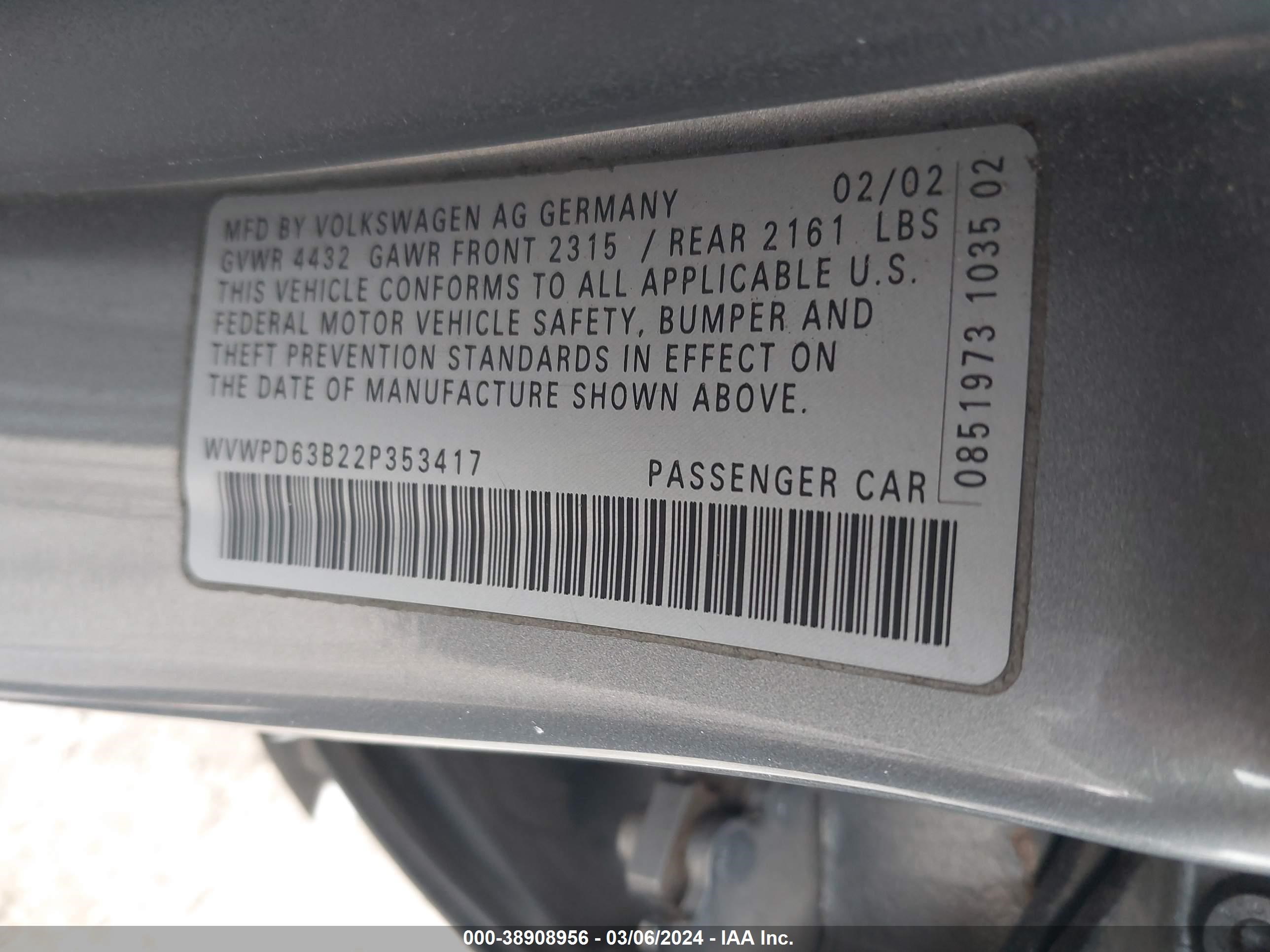 Photo 8 VIN: WVWPD63B22P353417 - VOLKSWAGEN PASSAT 