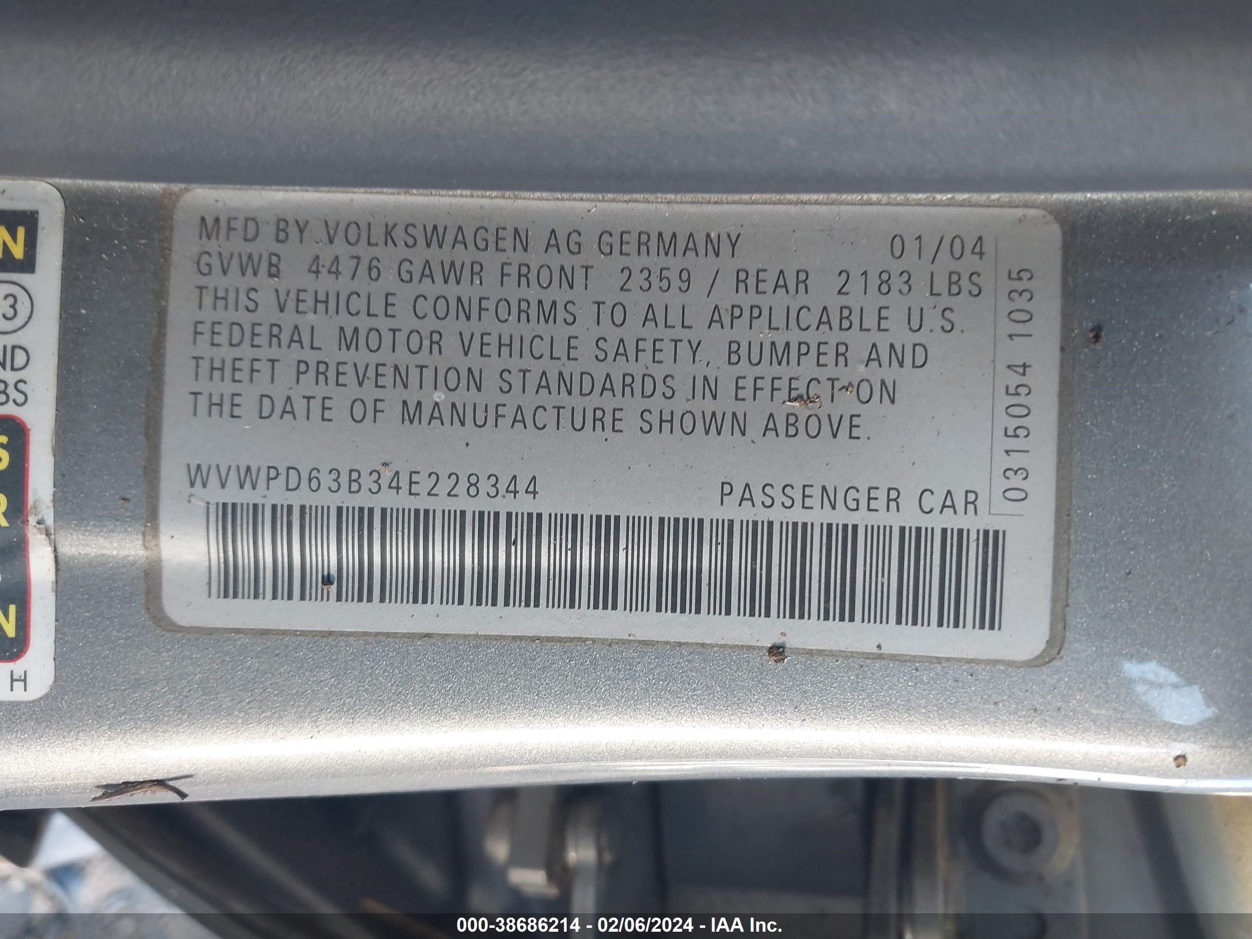 Photo 8 VIN: WVWPD63B34E228344 - VOLKSWAGEN PASSAT 