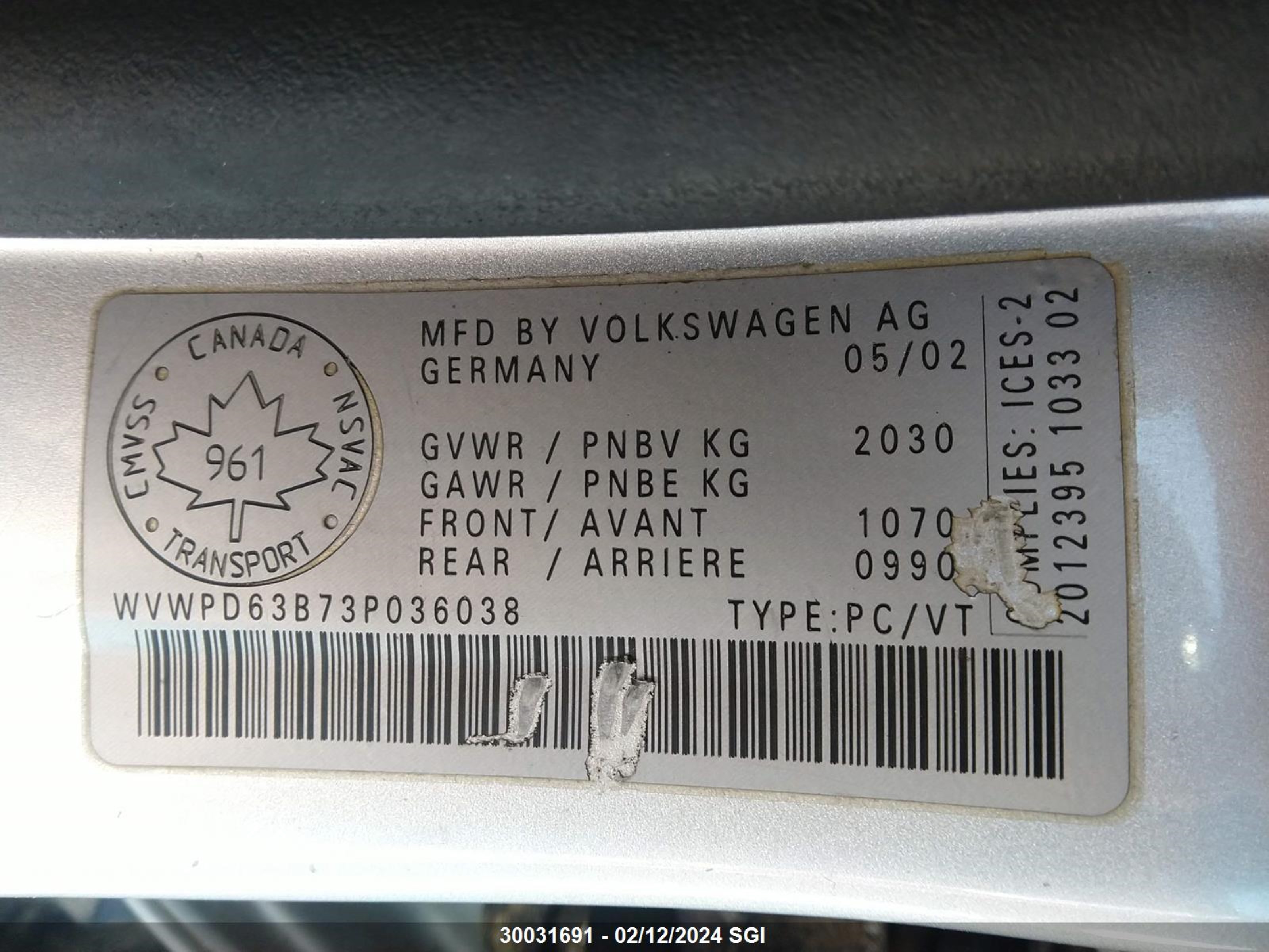 Photo 8 VIN: WVWPD63B73P036038 - VOLKSWAGEN PASSAT 