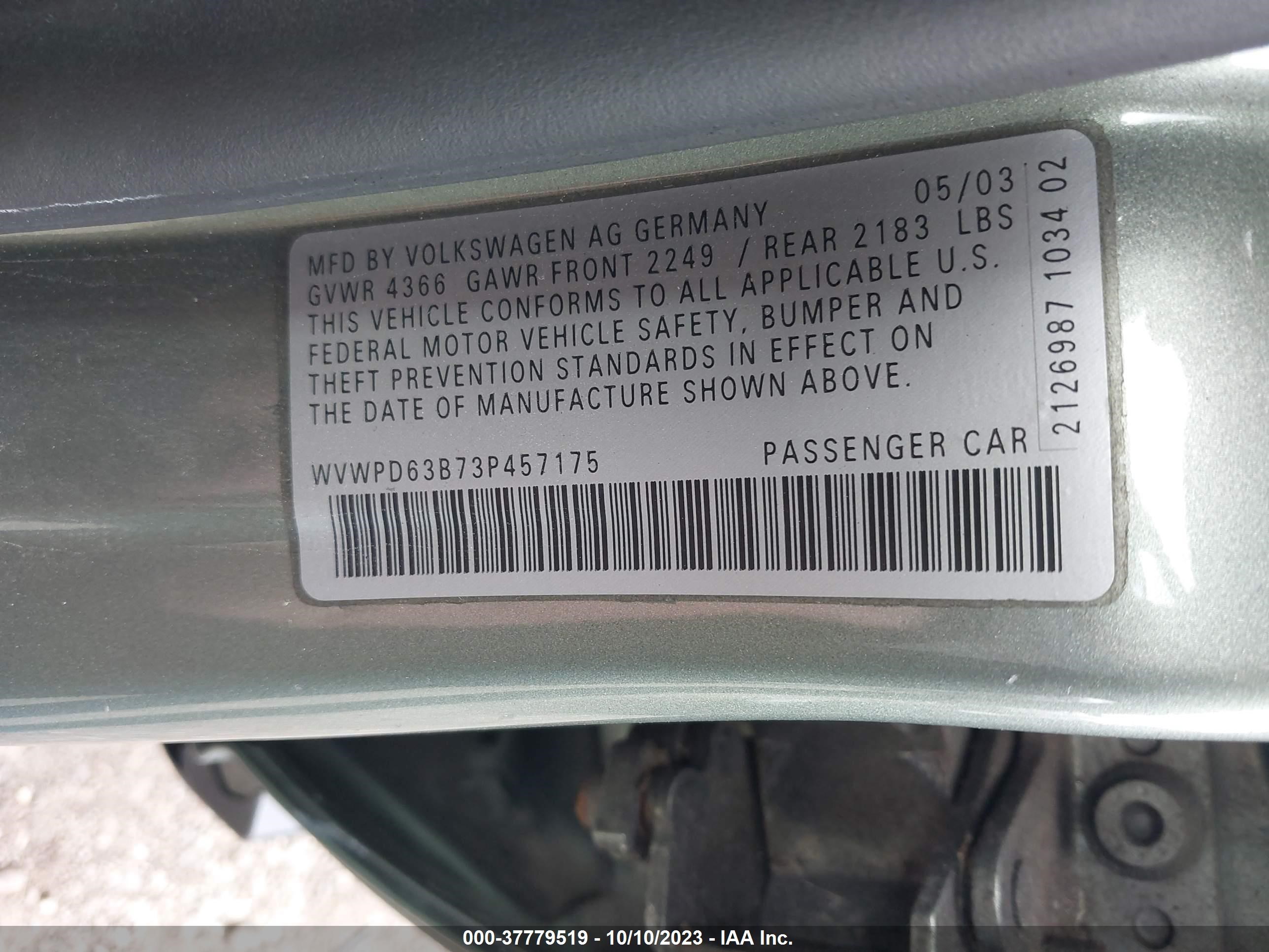 Photo 8 VIN: WVWPD63B73P457175 - VOLKSWAGEN PASSAT 