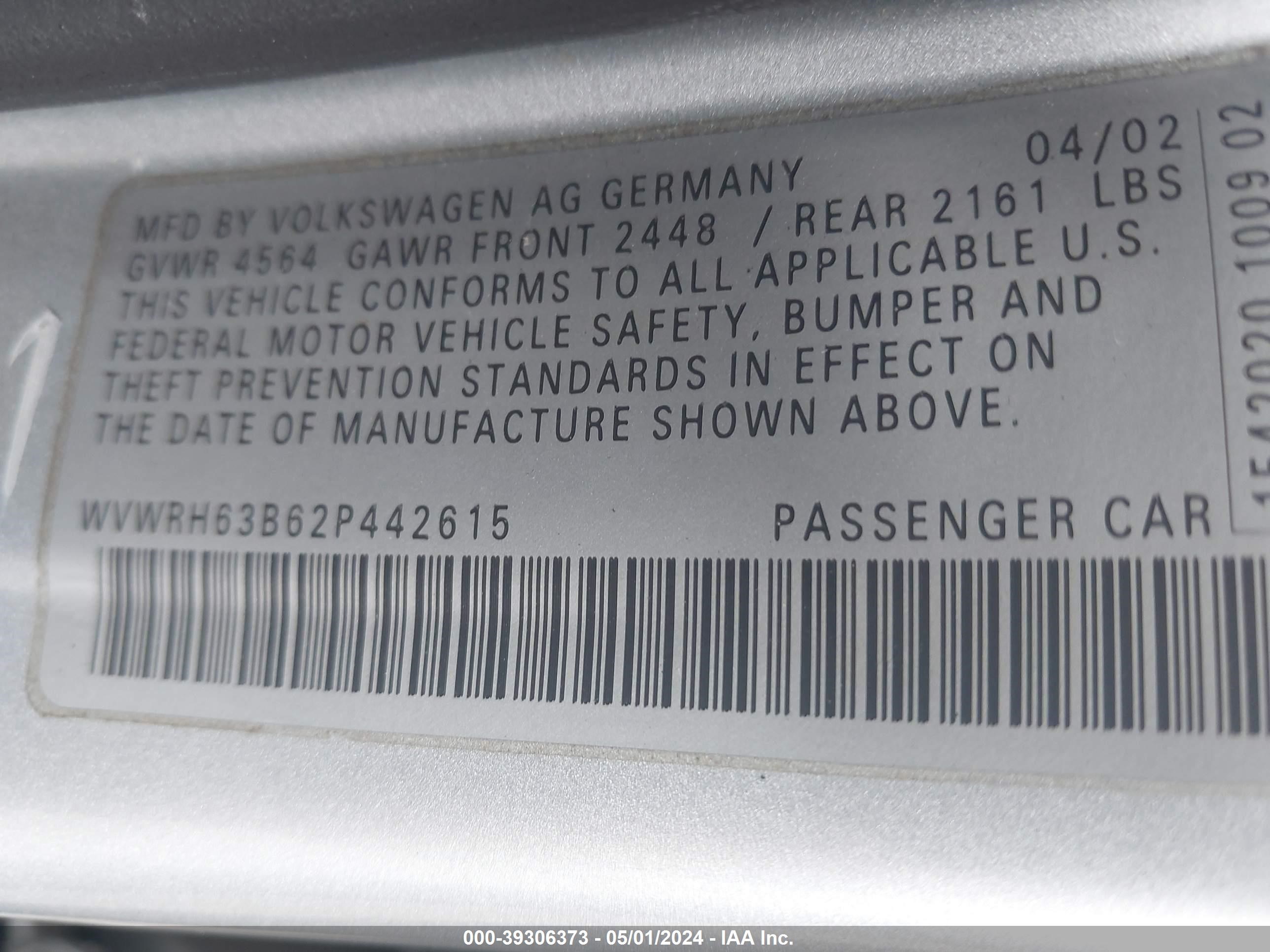 Photo 8 VIN: WVWRH63B62P442615 - VOLKSWAGEN PASSAT 