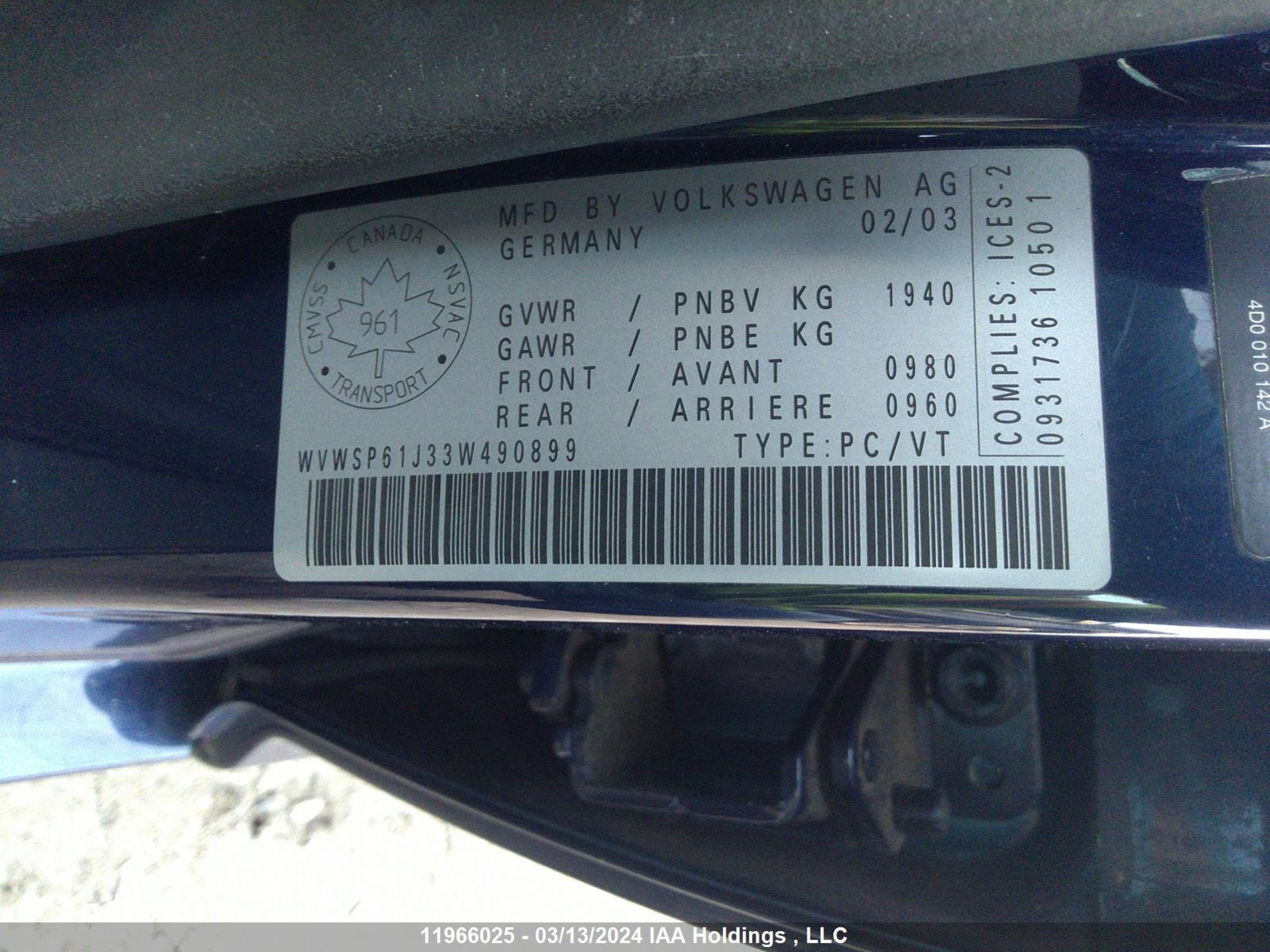 Photo 8 VIN: WVWSP61J33W490899 - VOLKSWAGEN JETTA 