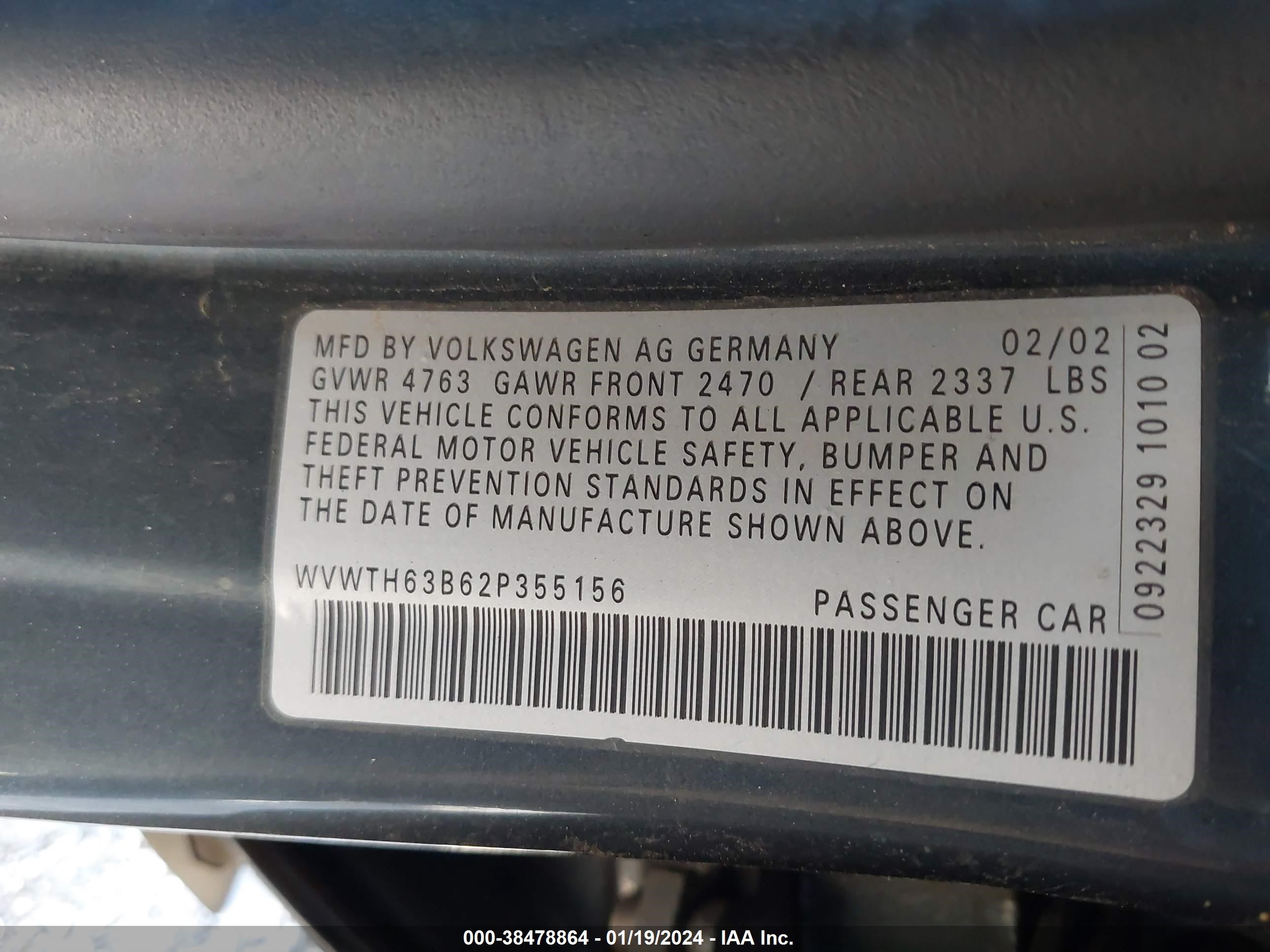 Photo 8 VIN: WVWTH63B62P355156 - VOLKSWAGEN PASSAT 