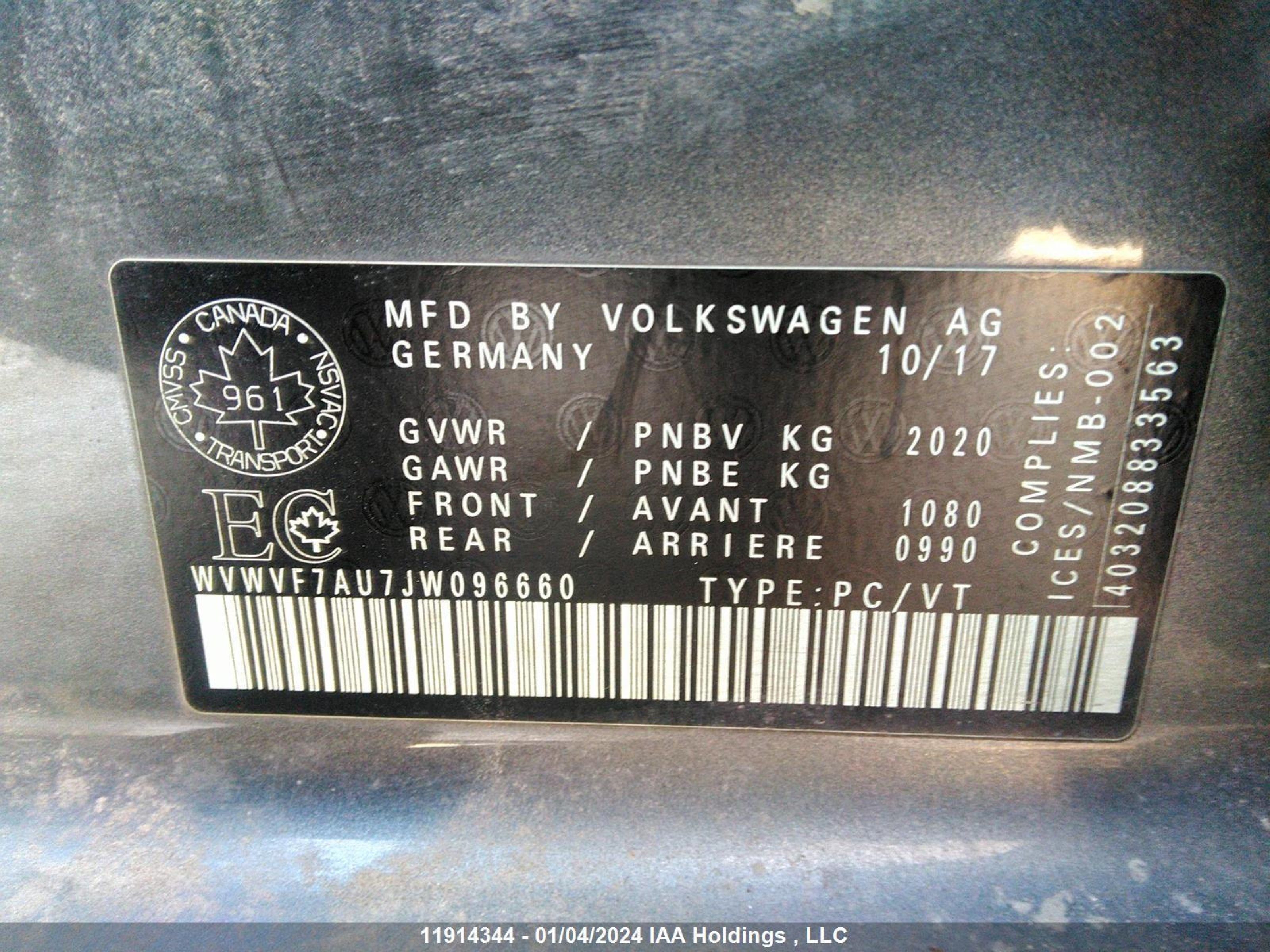 Photo 8 VIN: WVWVF7AU7JW096660 - VOLKSWAGEN GOLF 