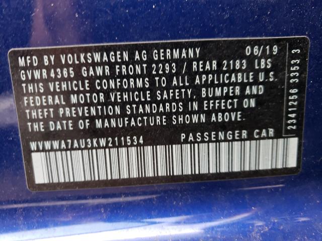 Photo 9 VIN: WVWWA7AU3KW211534 - VOLKSWAGEN GOLF 