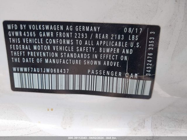 Photo 8 VIN: WVWWF7AU1JW068437 - VOLKSWAGEN GOLF 