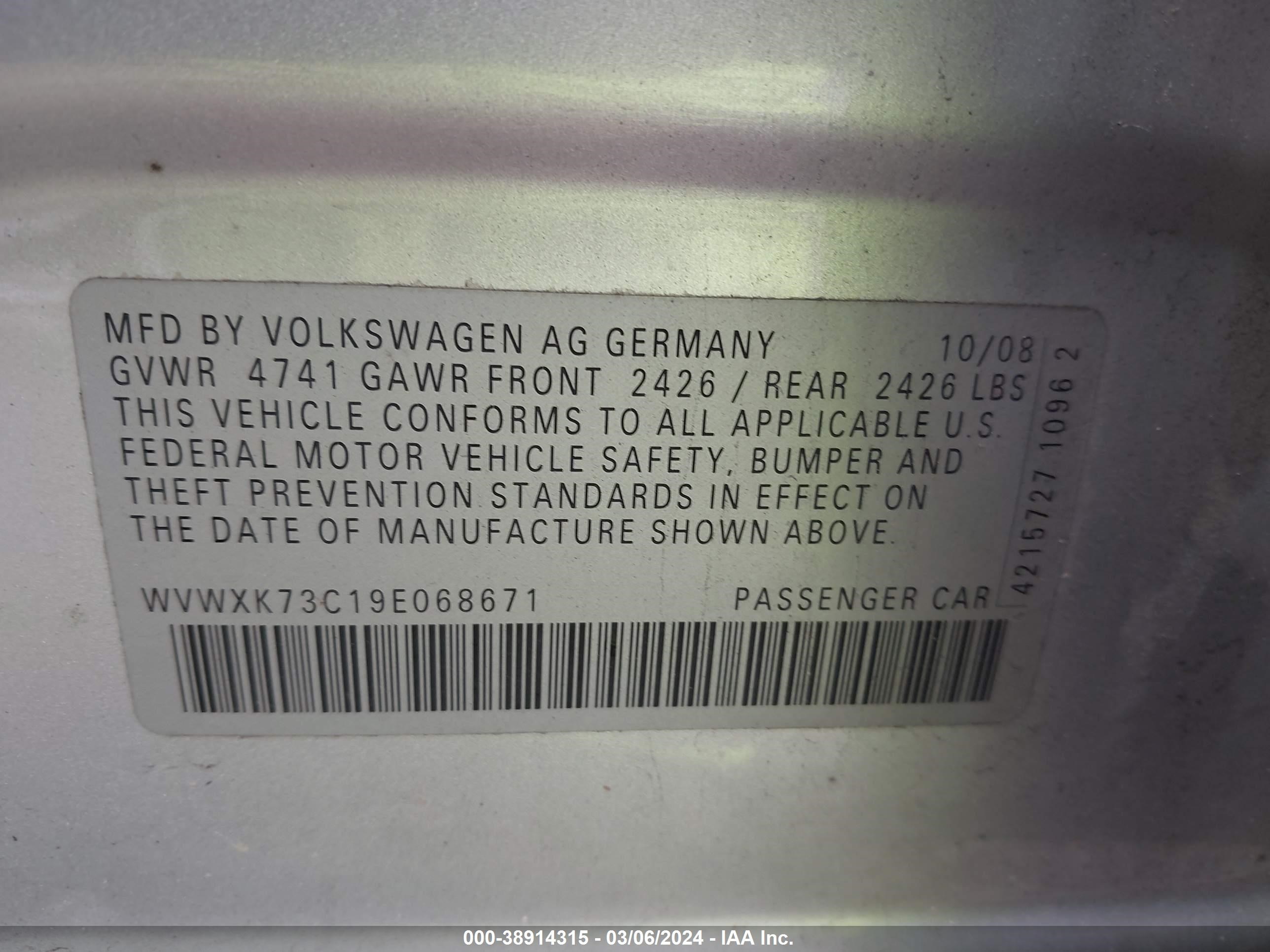 Photo 8 VIN: WVWXK73C19E068671 - VOLKSWAGEN PASSAT 