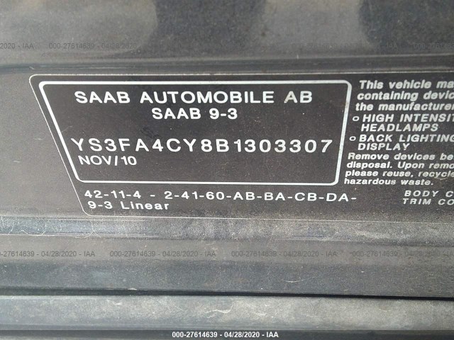 Photo 8 VIN: YS3FA4CY8B1303307 - SAAB 9-3 