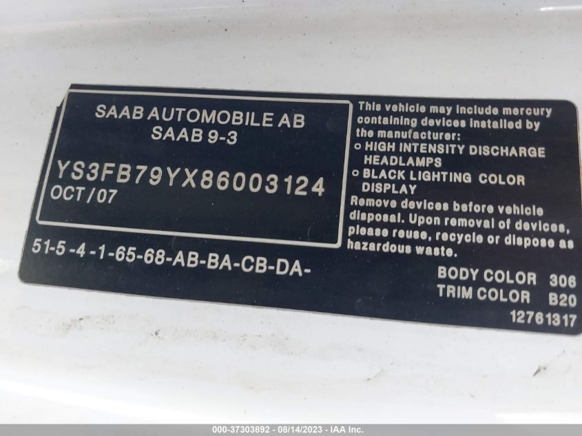 Photo 8 VIN: YS3FB79YX86003124 - SAAB 9-3 