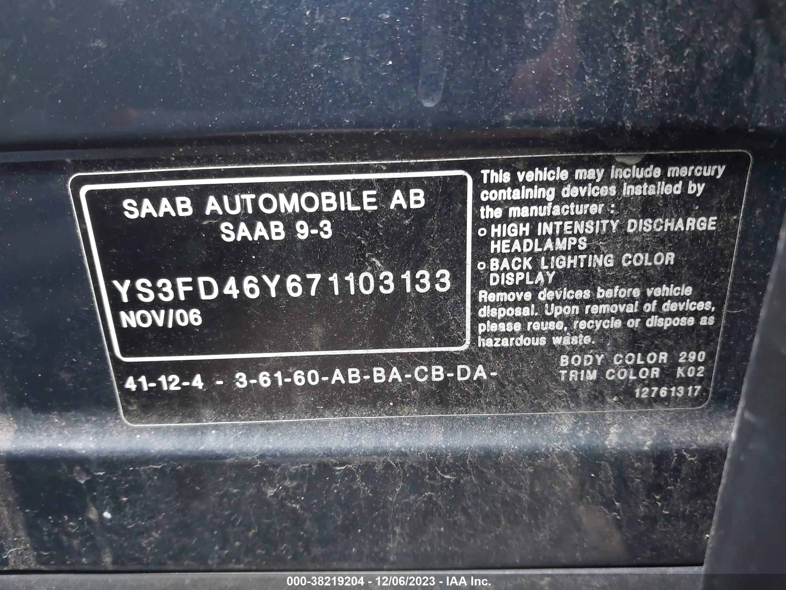 Photo 8 VIN: YS3FD46Y671103133 - SAAB 9-3 