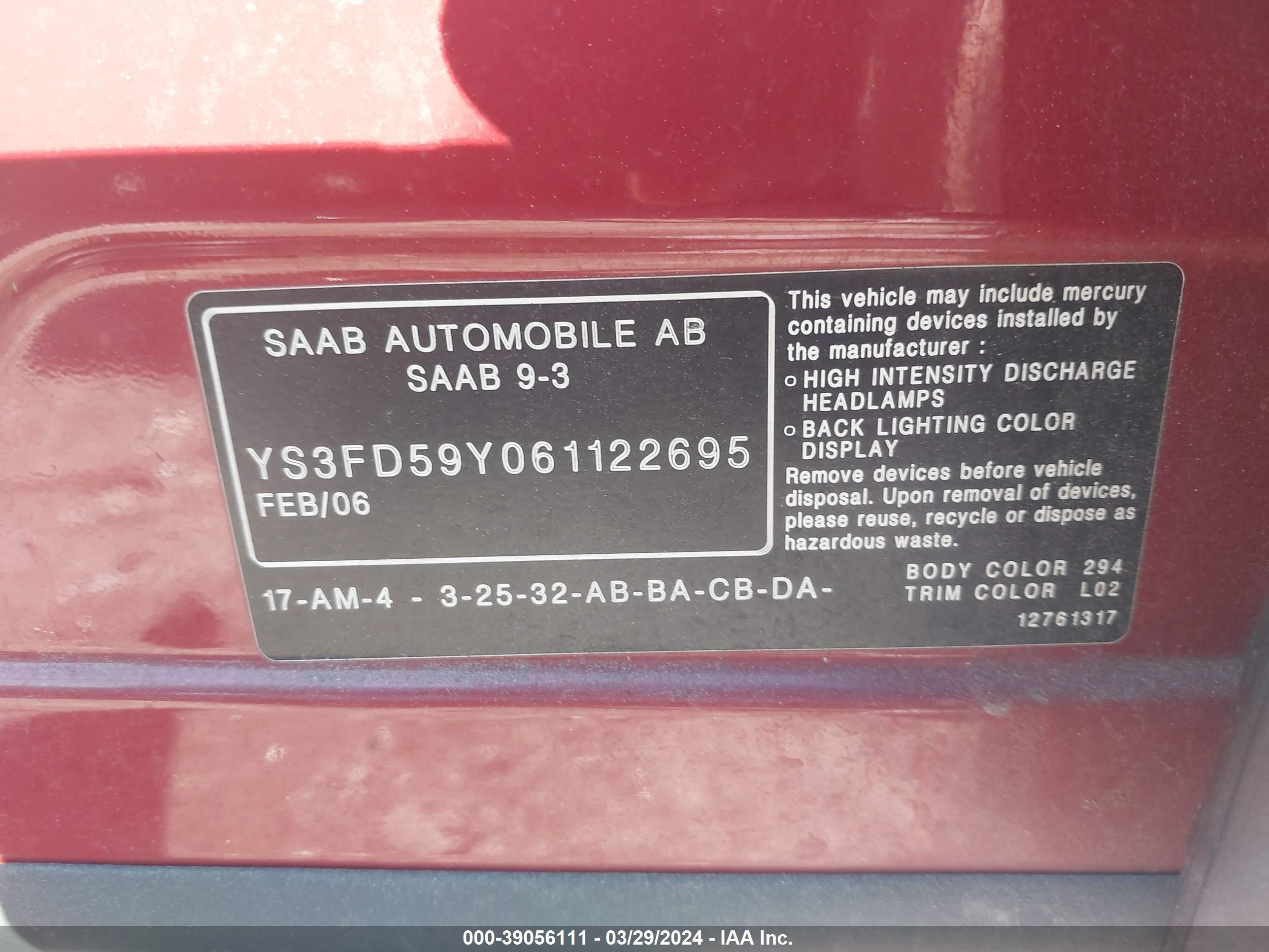 Photo 8 VIN: YS3FD59Y061122695 - SAAB 9-3 