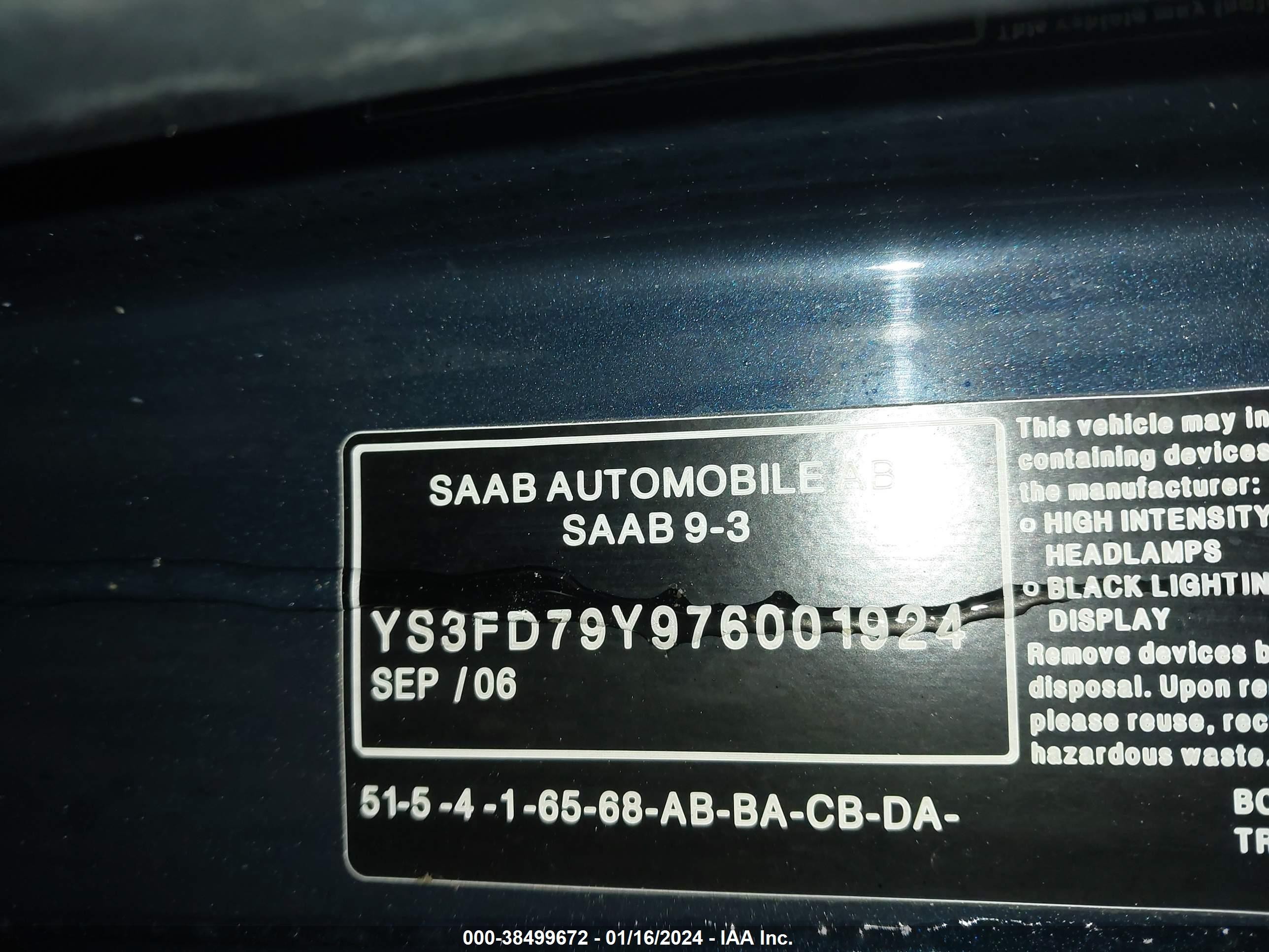 Photo 8 VIN: YS3FD79Y976001924 - SAAB 9-3 