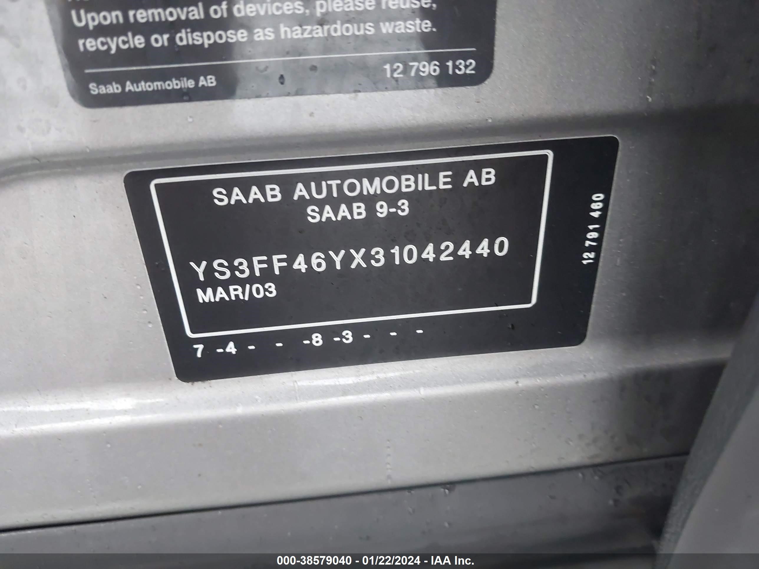 Photo 8 VIN: YS3FF46YX31042440 - SAAB 9-3 