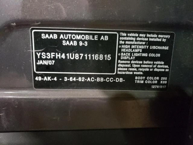 Photo 11 VIN: YS3FH41U871116815 - SAAB 9-3 AERO 