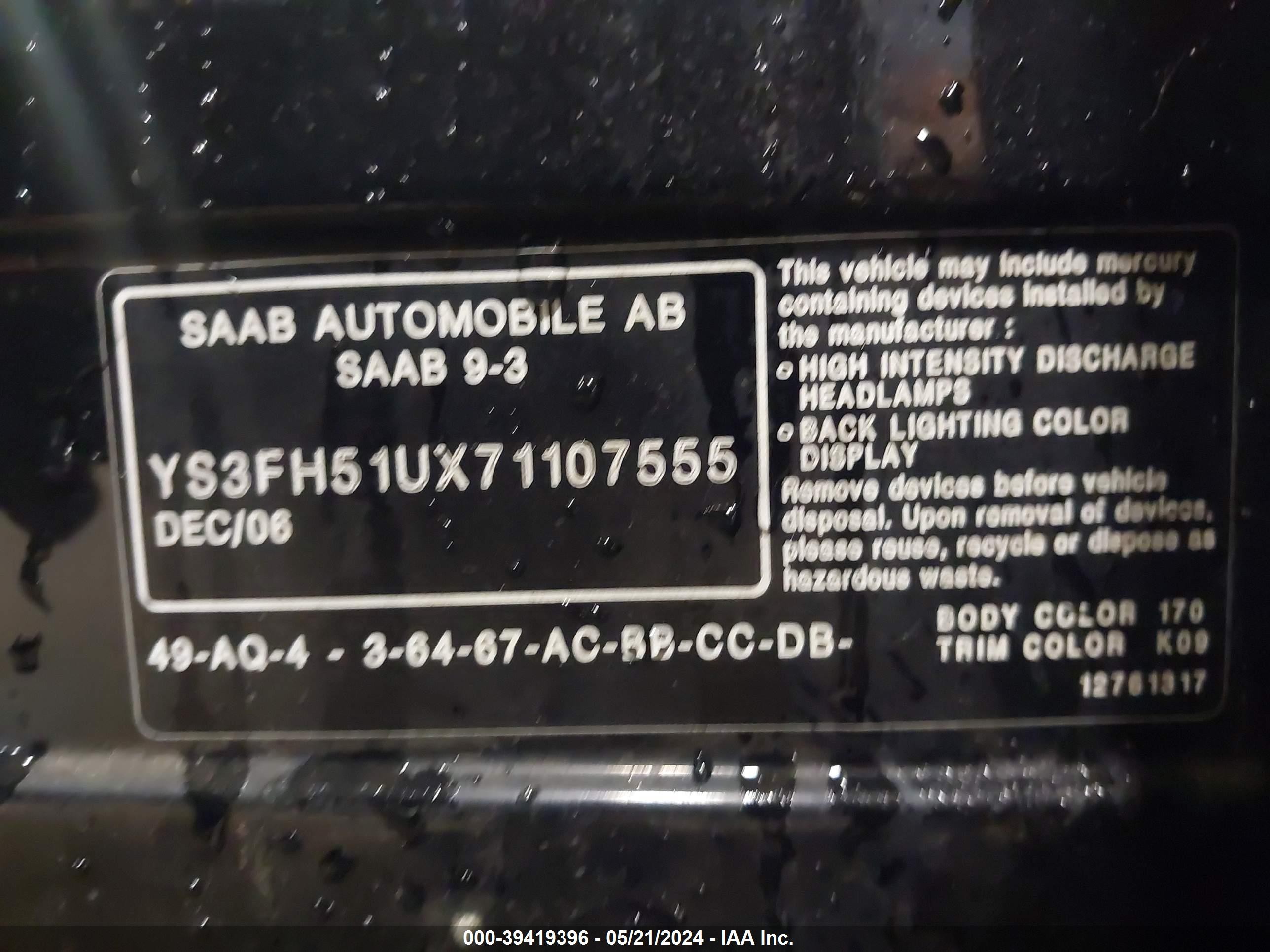 Photo 8 VIN: YS3FH51UX71107555 - SAAB 9-3 