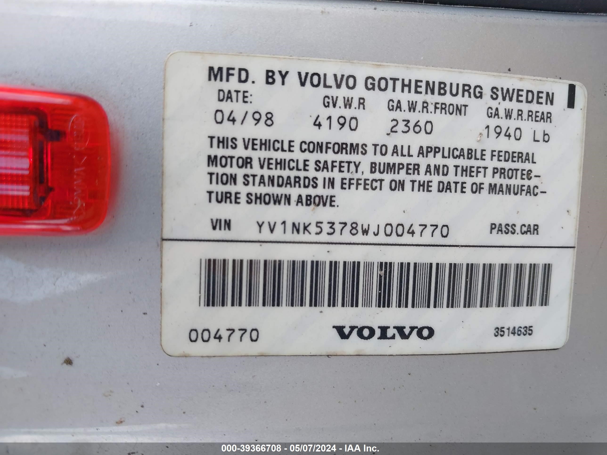 Photo 8 VIN: YV1NK5378WJ004770 - VOLVO C70 