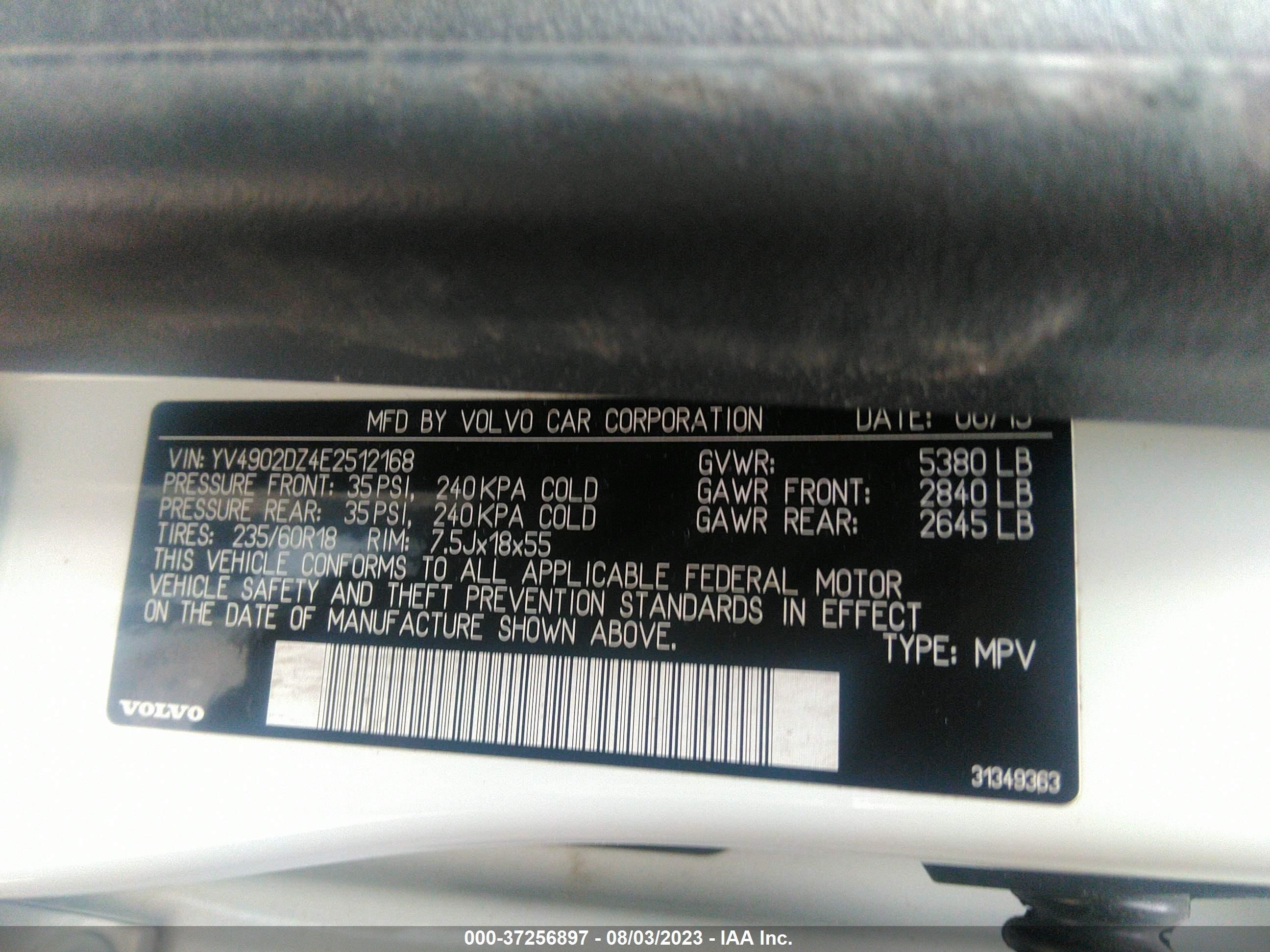 Photo 8 VIN: YV4902DZ4E2512168 - VOLVO XC60 