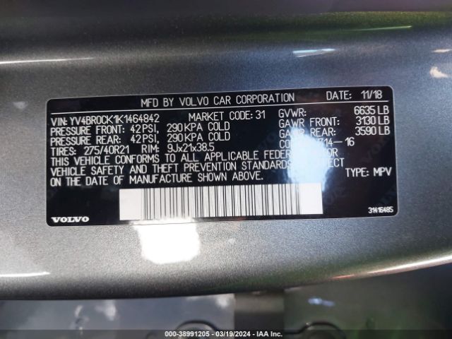 Photo 8 VIN: YV4BR0CK1K1464842 - VOLVO XC90 HYBRID 