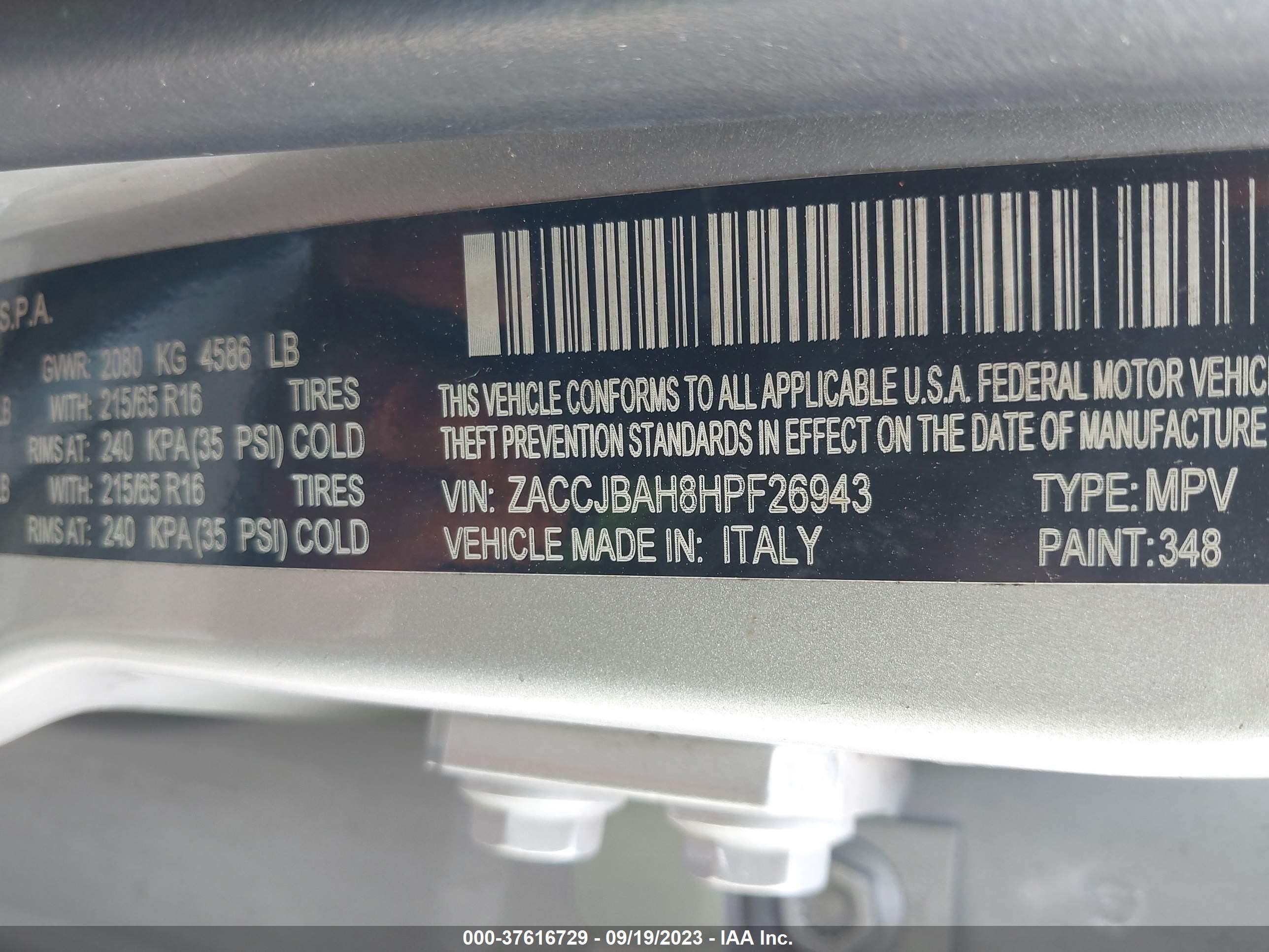 Photo 8 VIN: ZACCJBAH8HPF26943 - JEEP RENEGADE 