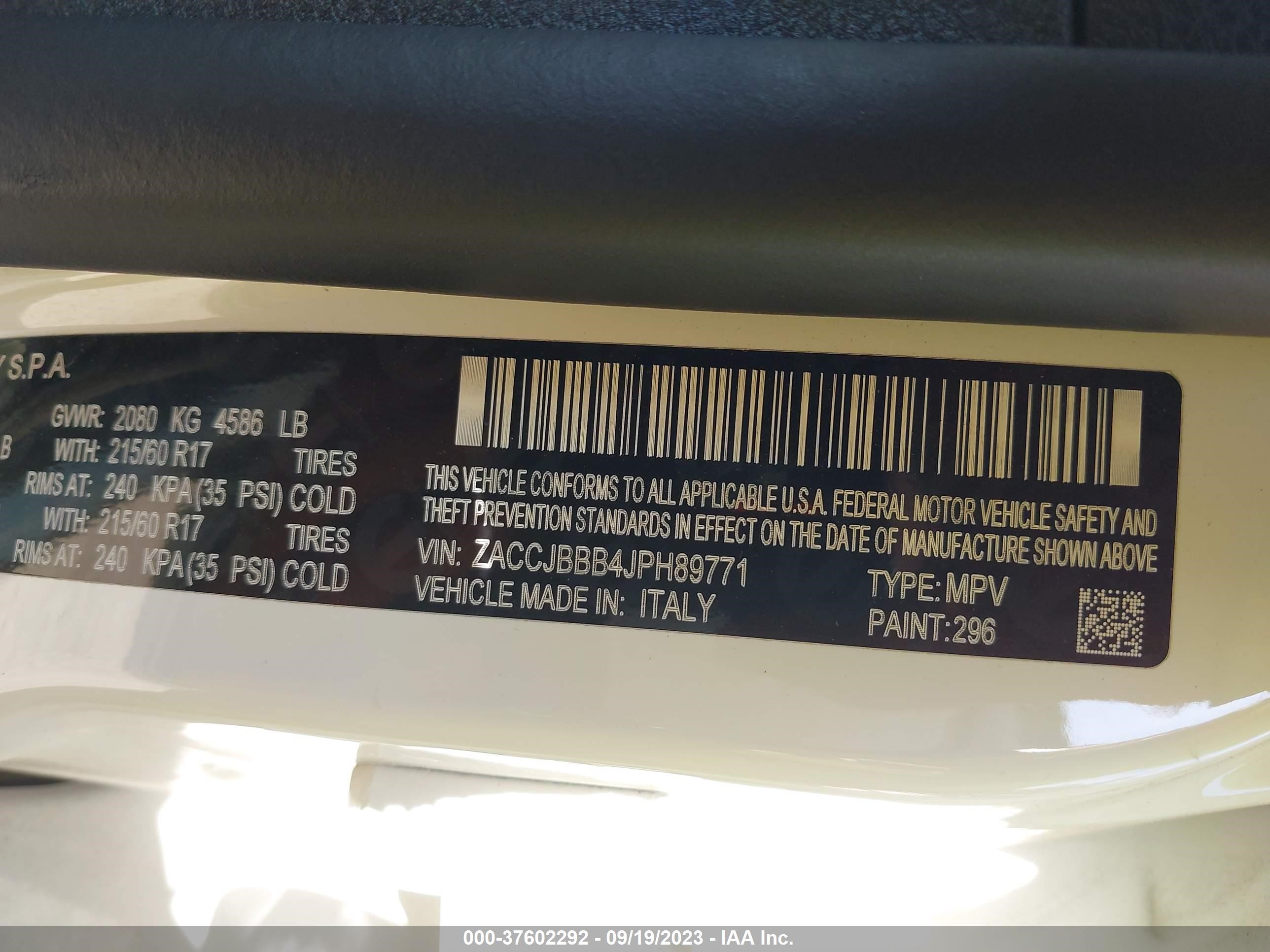 Photo 8 VIN: ZACCJBBB4JPH89771 - JEEP RENEGADE L 