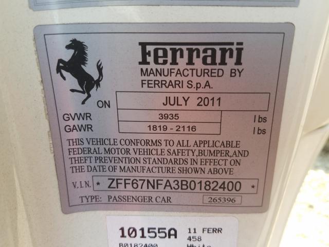 Photo 9 VIN: ZFF67NFA3B0182400 - FERRARI 458 ITALIA 