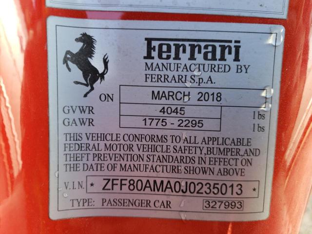 Photo 9 VIN: ZFF80AMA0J0235013 - FERRARI 488 SPIDER 