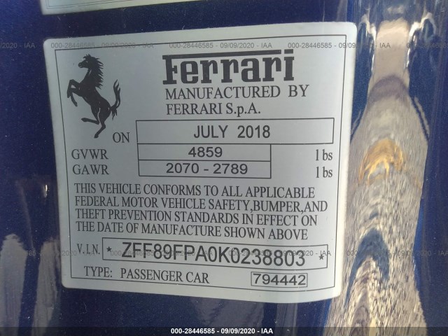 Photo 8 VIN: ZFF89FPA0K0238803 - FERRARI PORTOFINO 